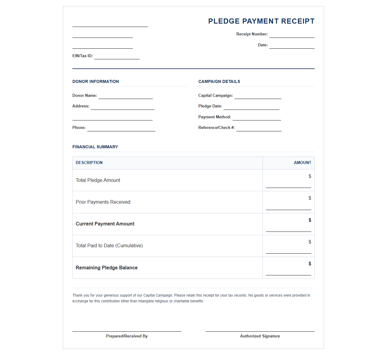 Capital Campaign Pledge Payment Receipt Template