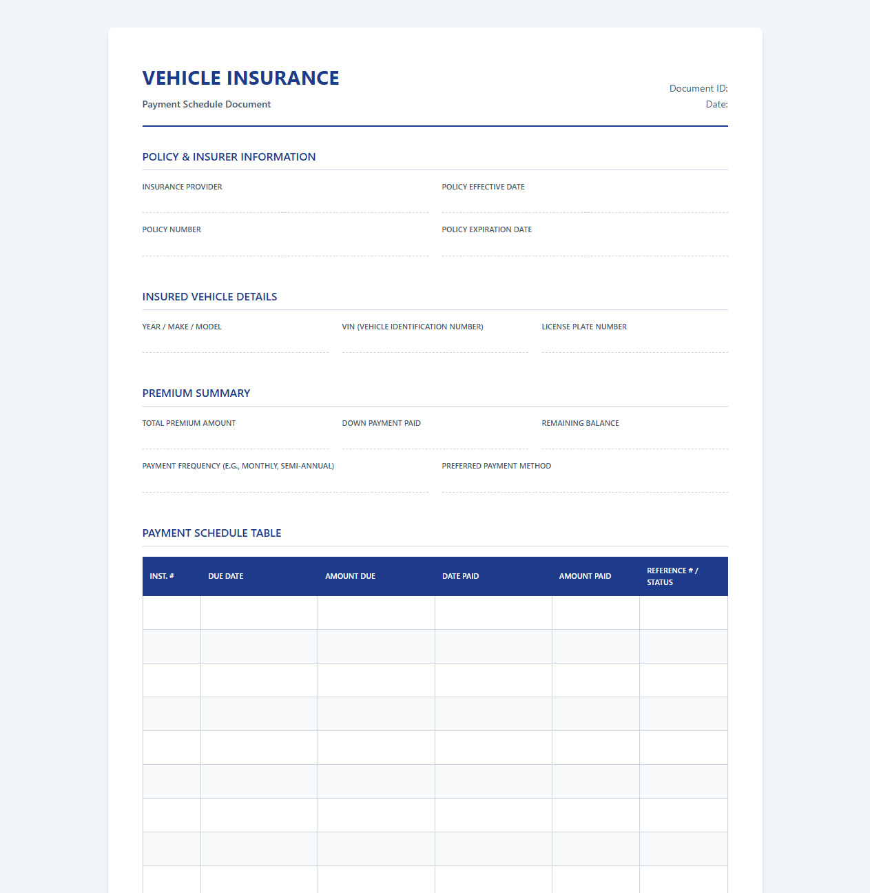 Car Insurance Payment Schedule Document