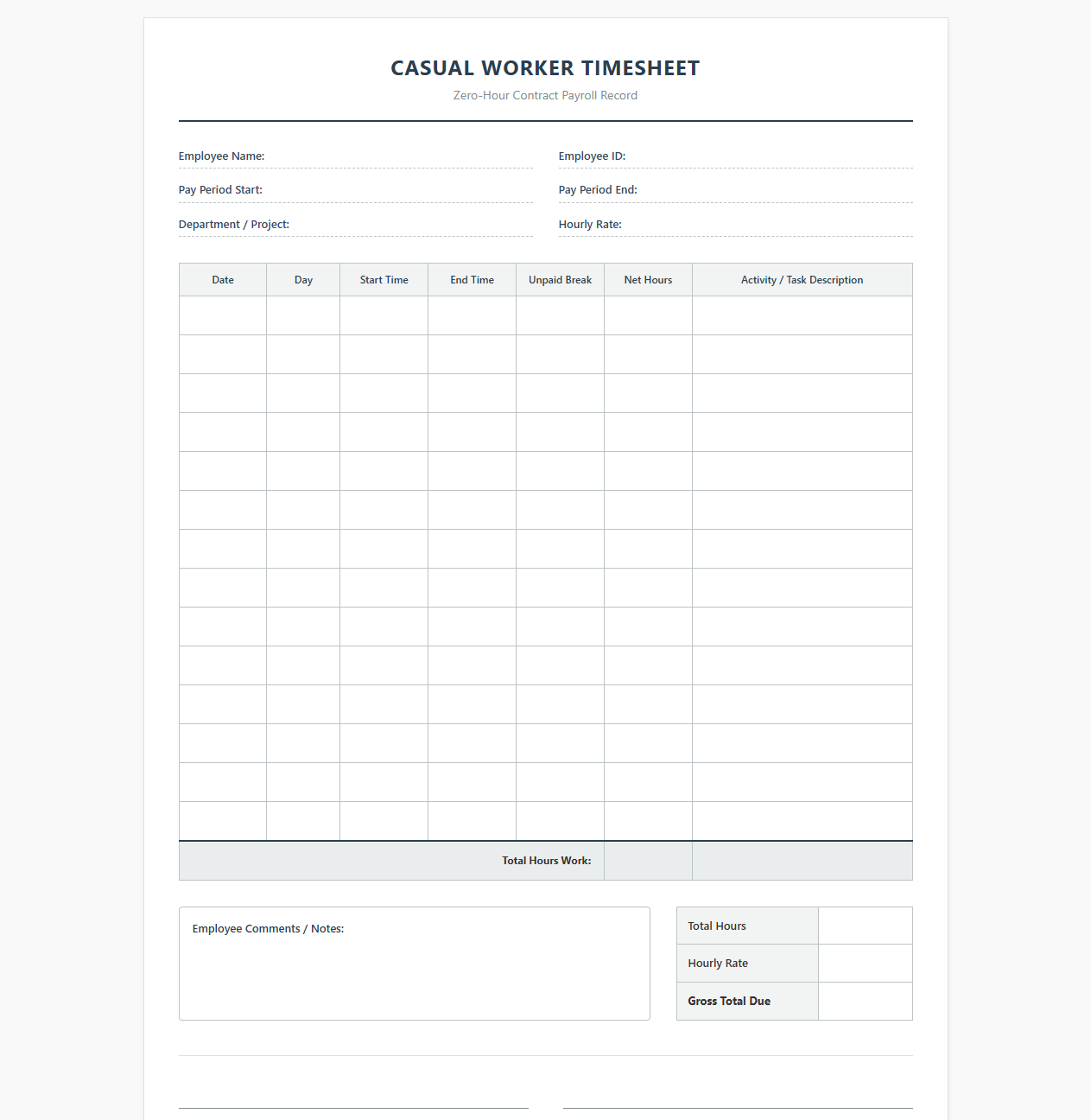 Casual Worker Payroll Timesheet Template