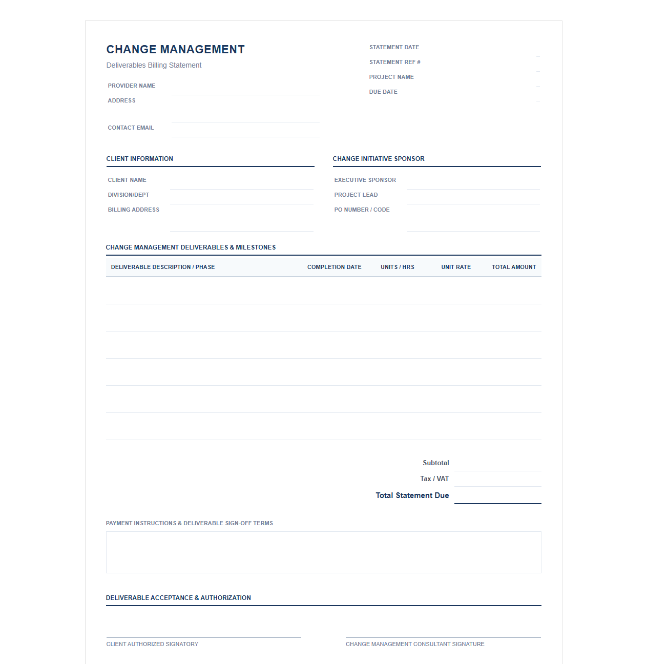 Change Management Deliverables Billing Statement
