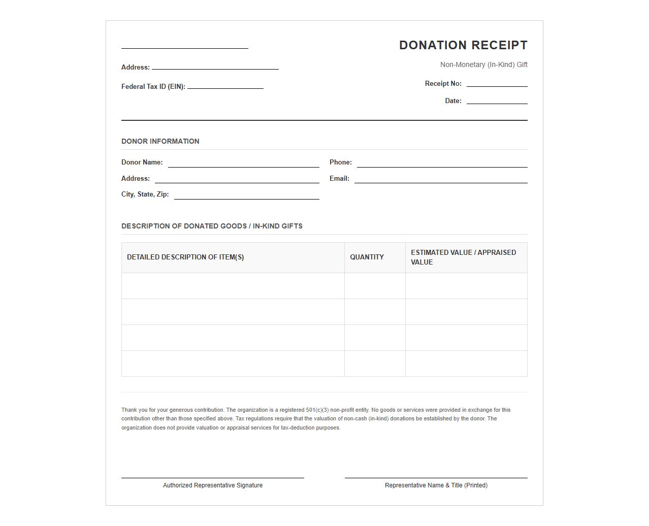 Charitable Donation Receipt for Non-Monetary Gifts