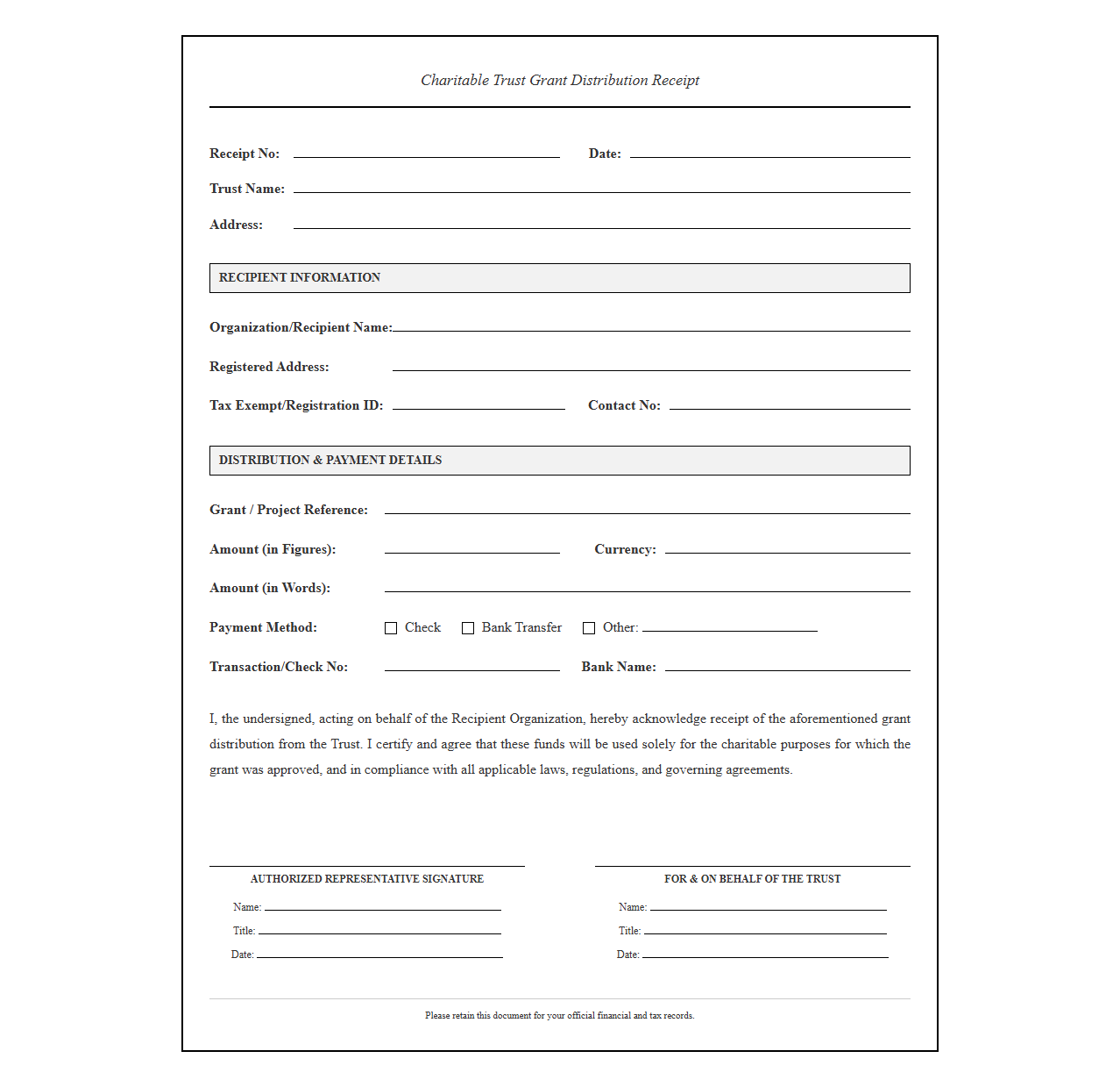 Charitable Trust Grant Distribution Receipt