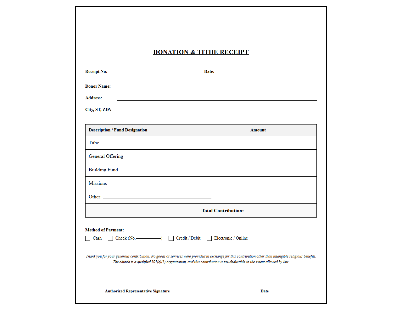 Church Congregation Giving and Tithe Receipt