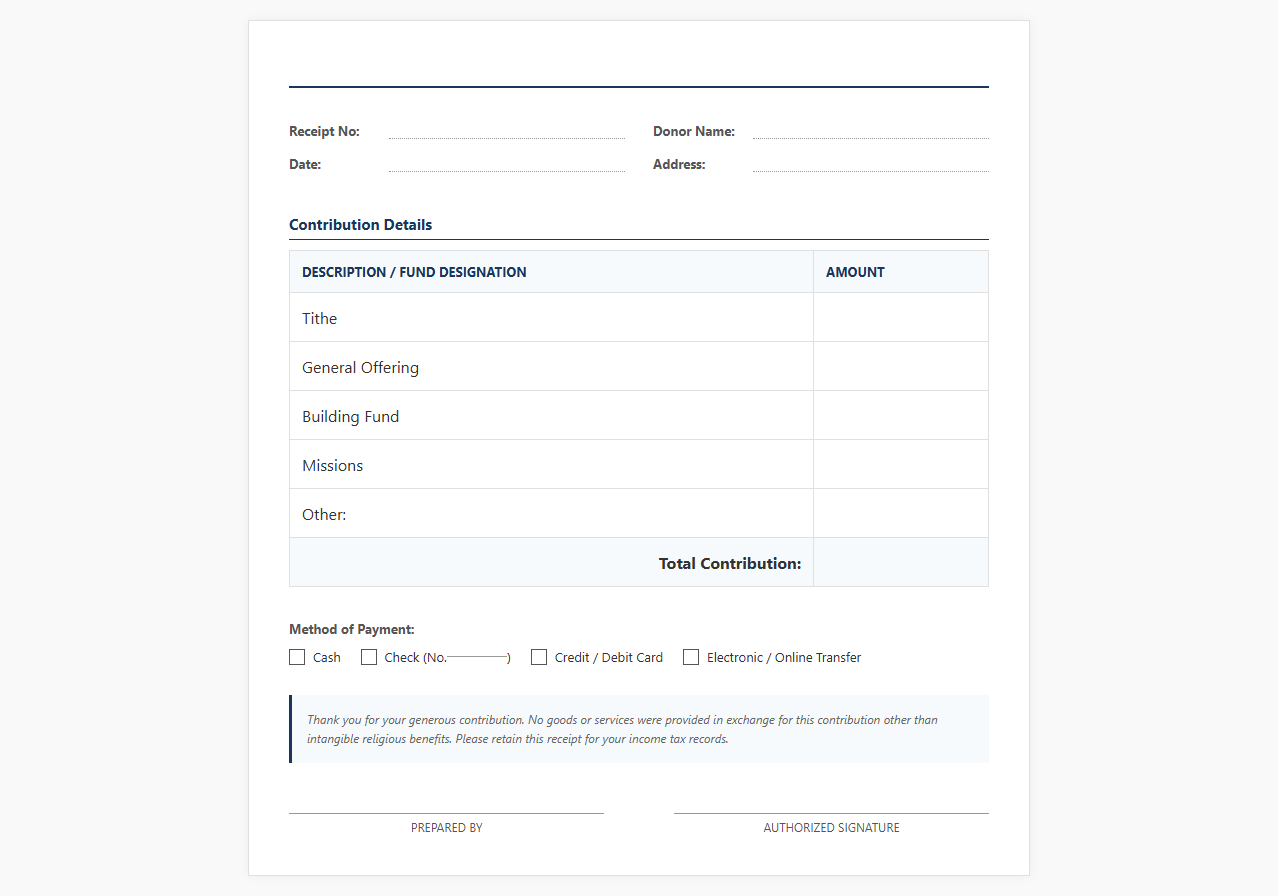 Church Tithe and Offering Receipt Template
