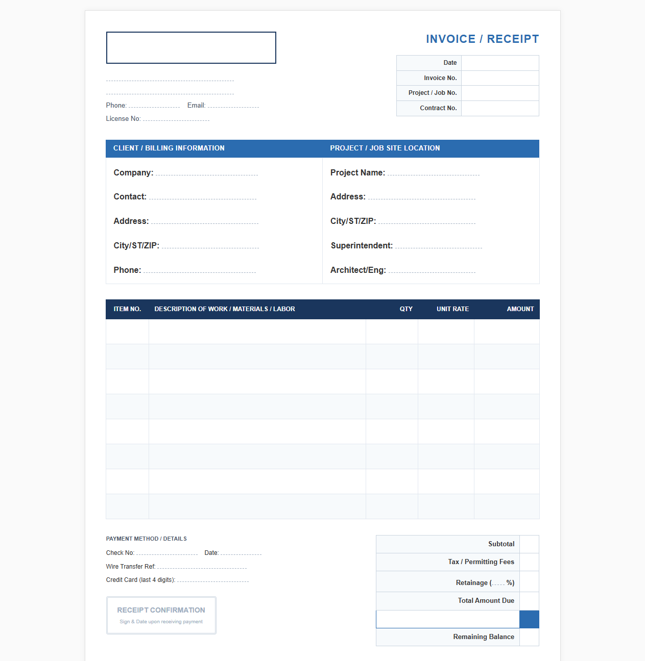 Commercial Construction Invoice and Receipt Template