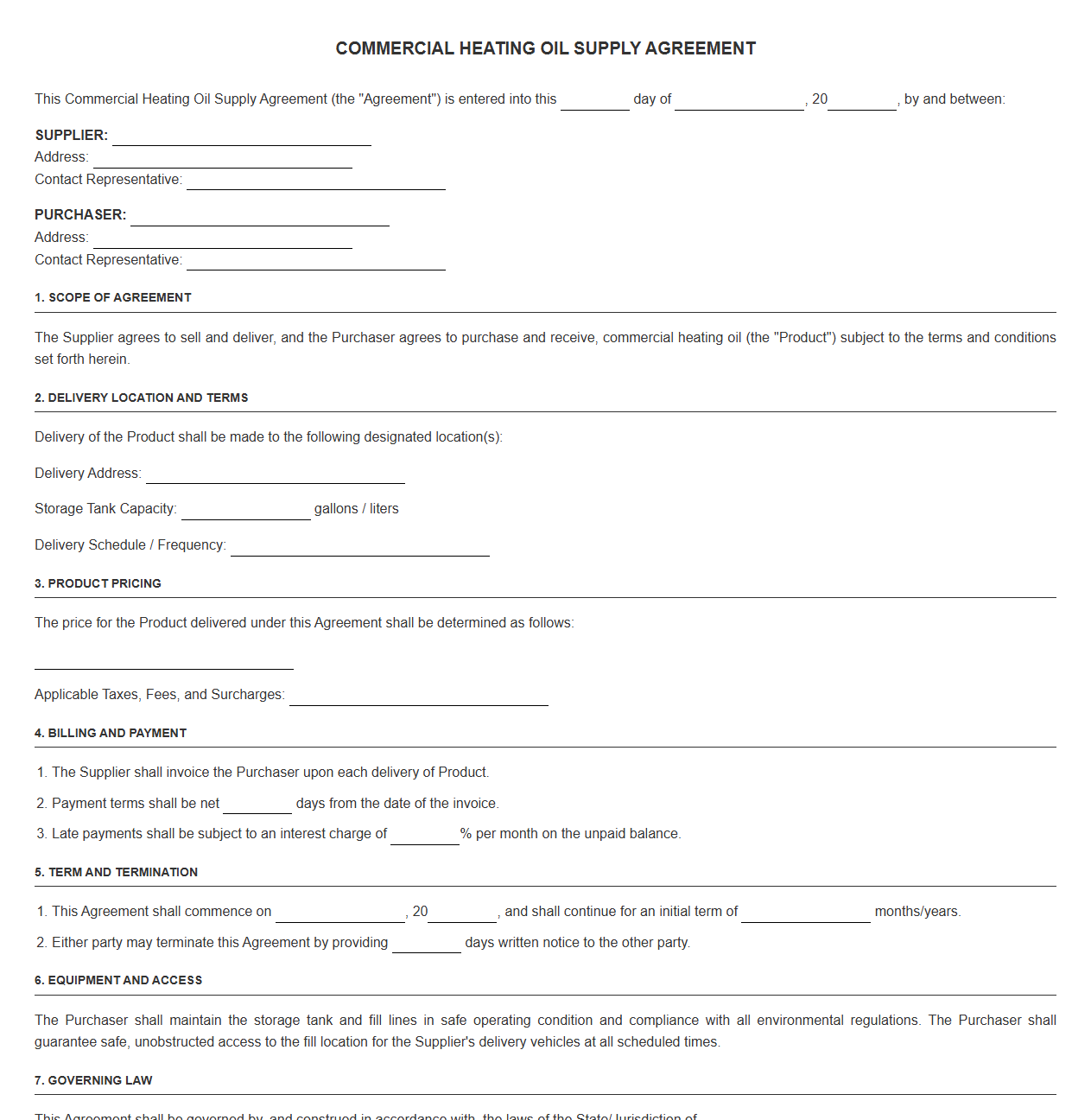 Commercial Heating Oil Supply Agreement