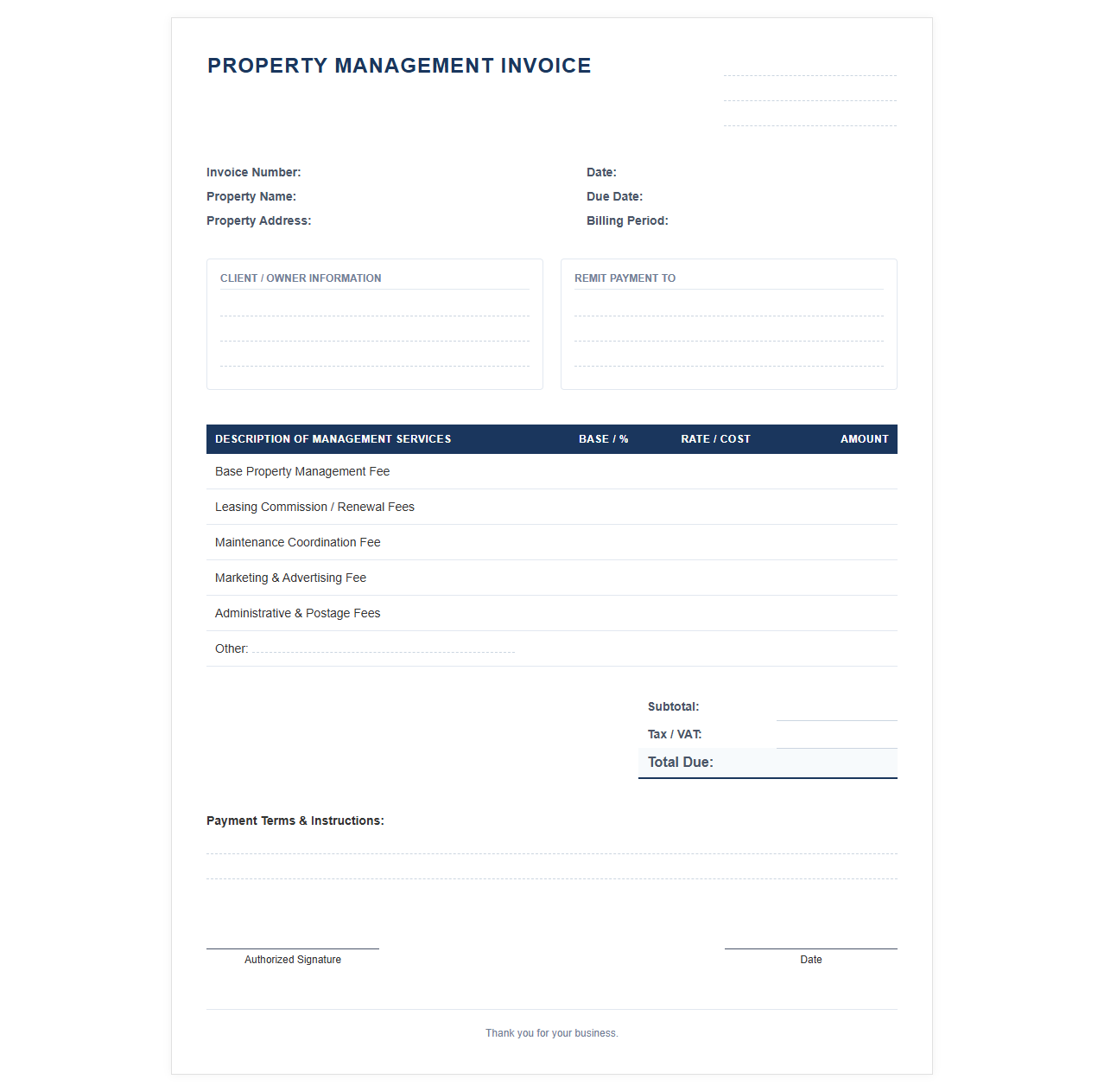 Commercial Property Management Fees Invoice