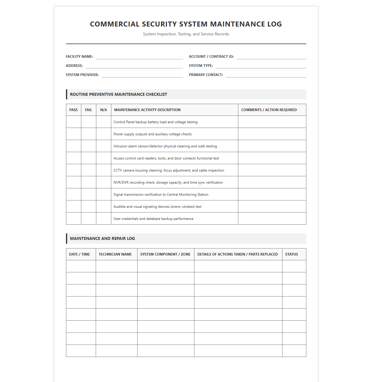 Commercial Security System Maintenance Log
