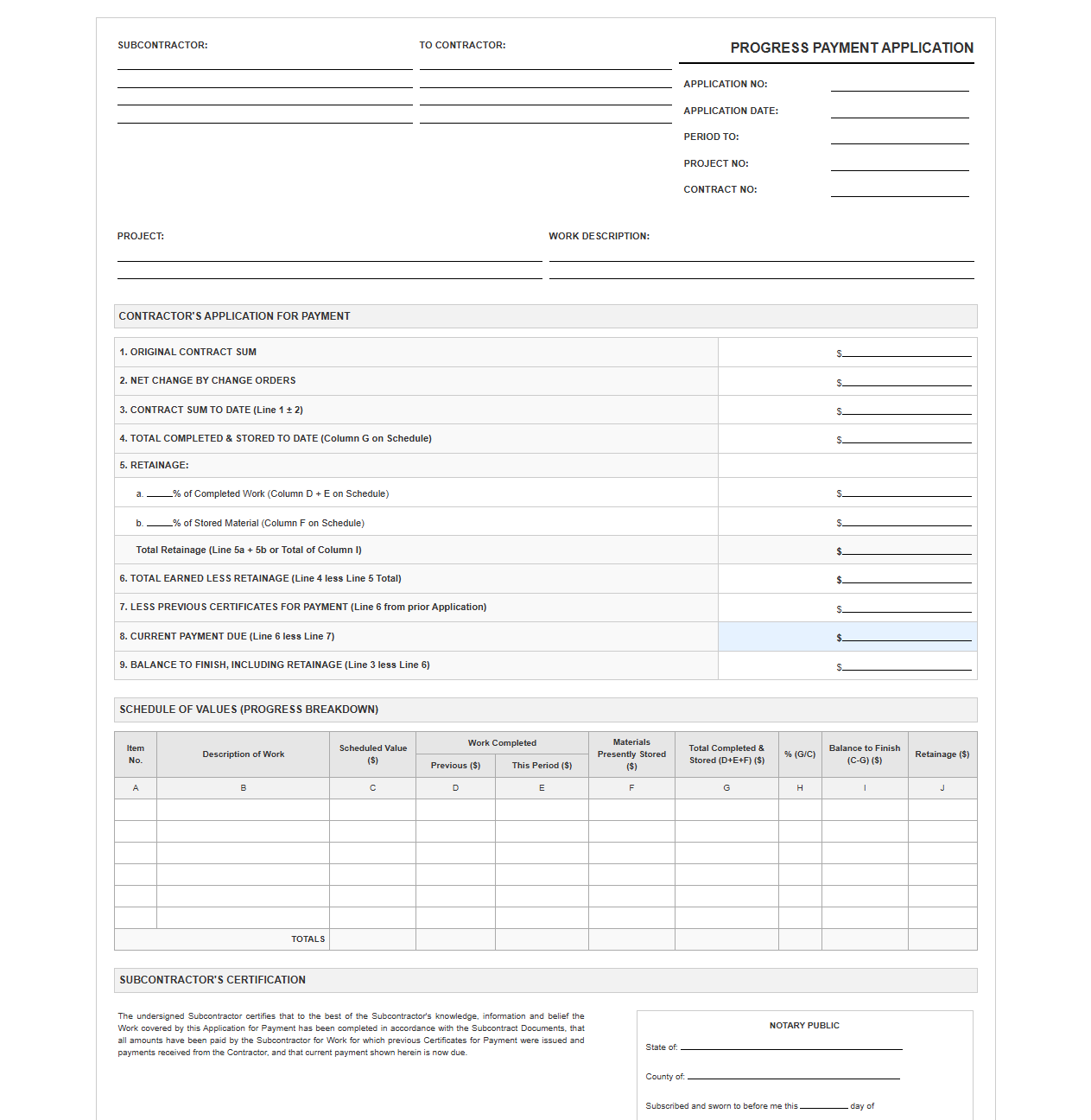 Commercial Subcontractor Progress Payment Invoice Template