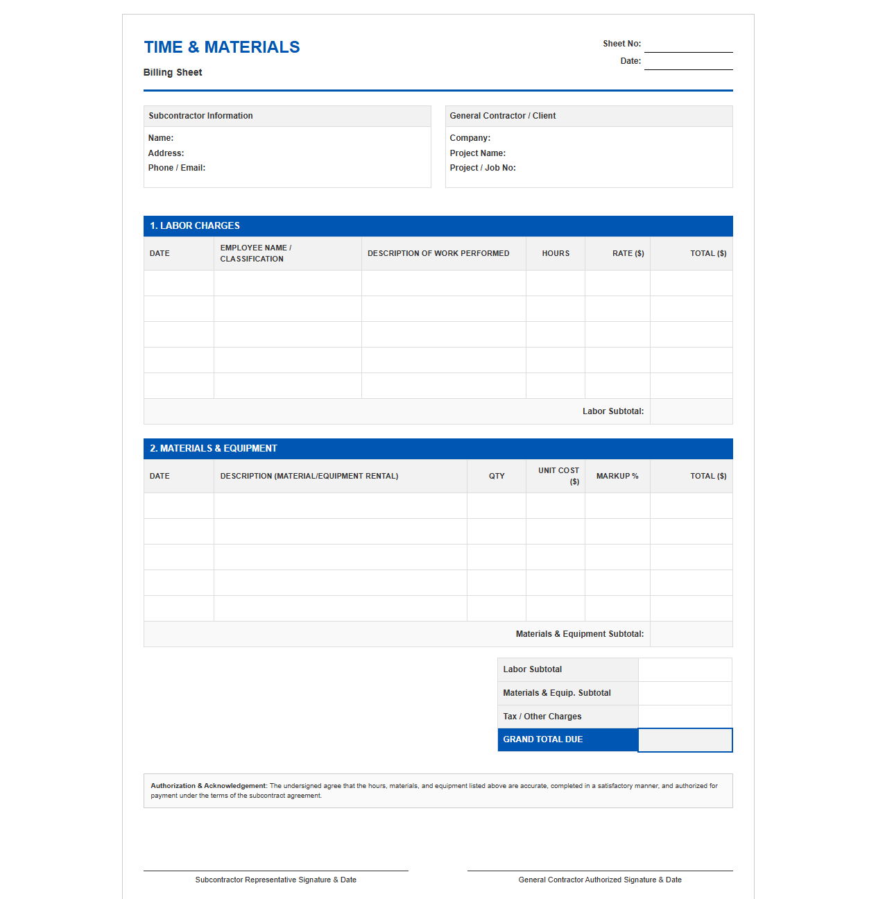 Commercial Subcontractor Time and Materials Billing Sheet