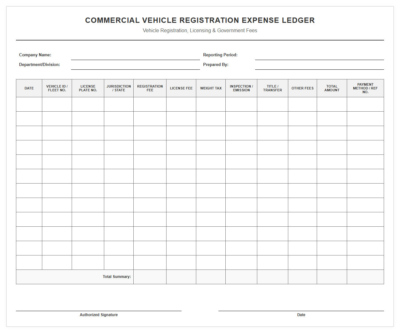 Commercial Vehicle Registration Expense Ledger