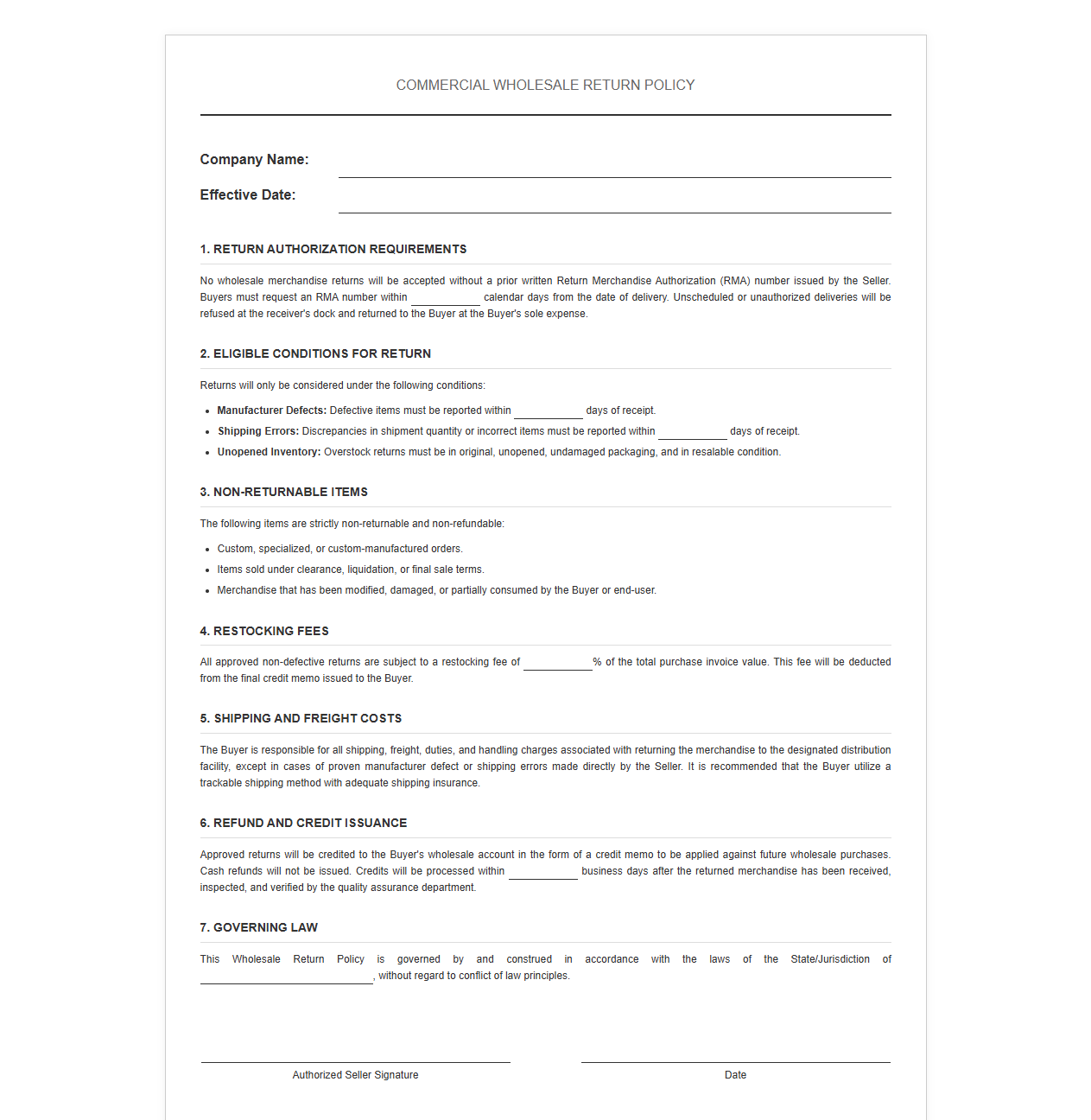 Commercial Wholesale Return Policy Document