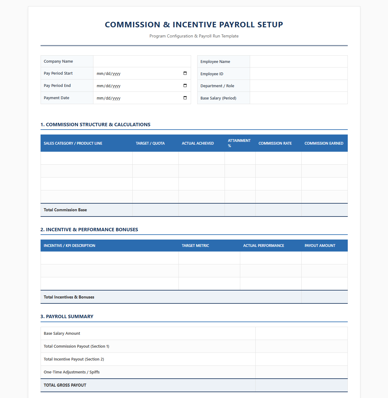 Commission and Incentive Payroll Setup Template