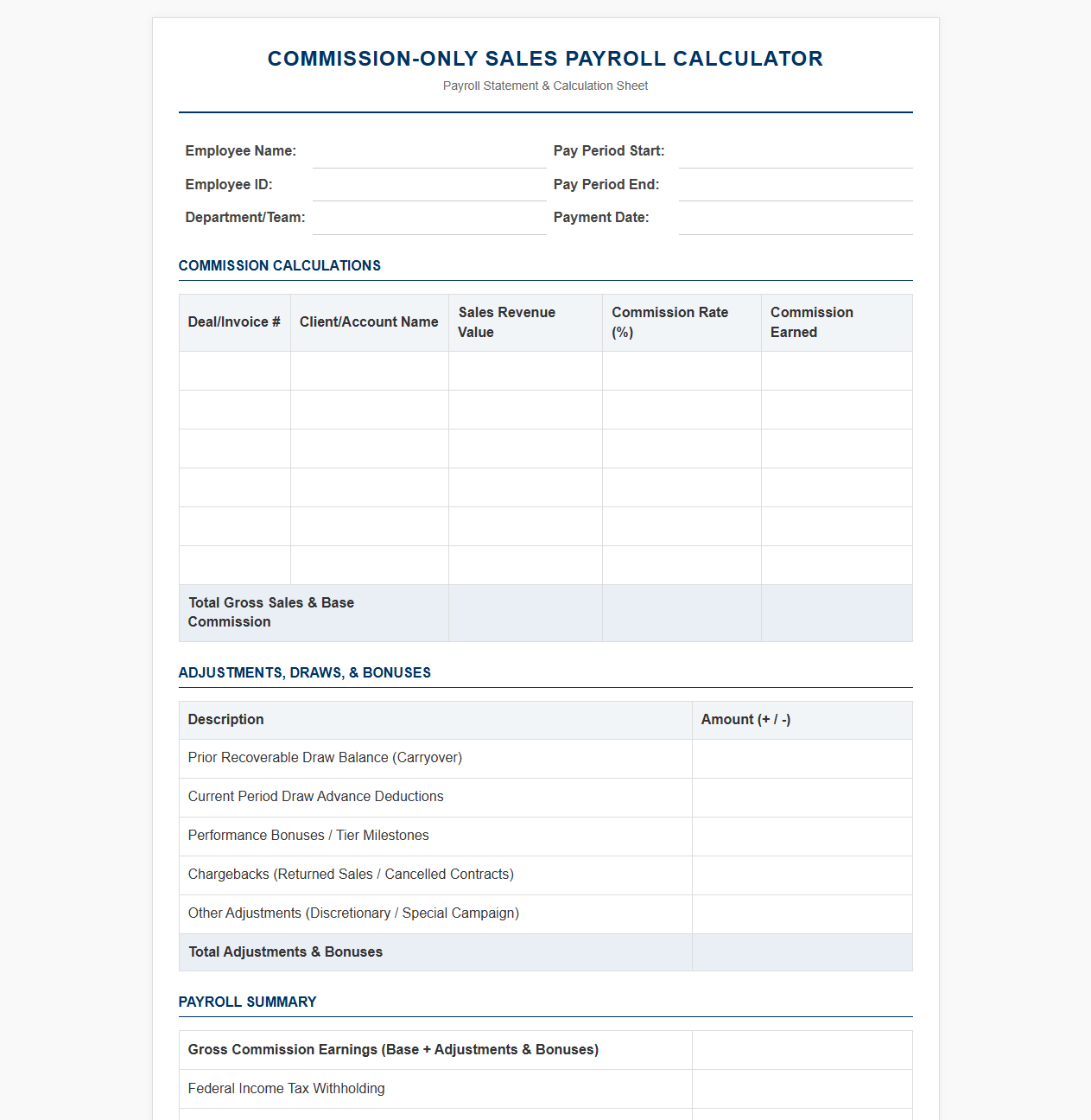Commission-Only Sales Payroll Calculator Template