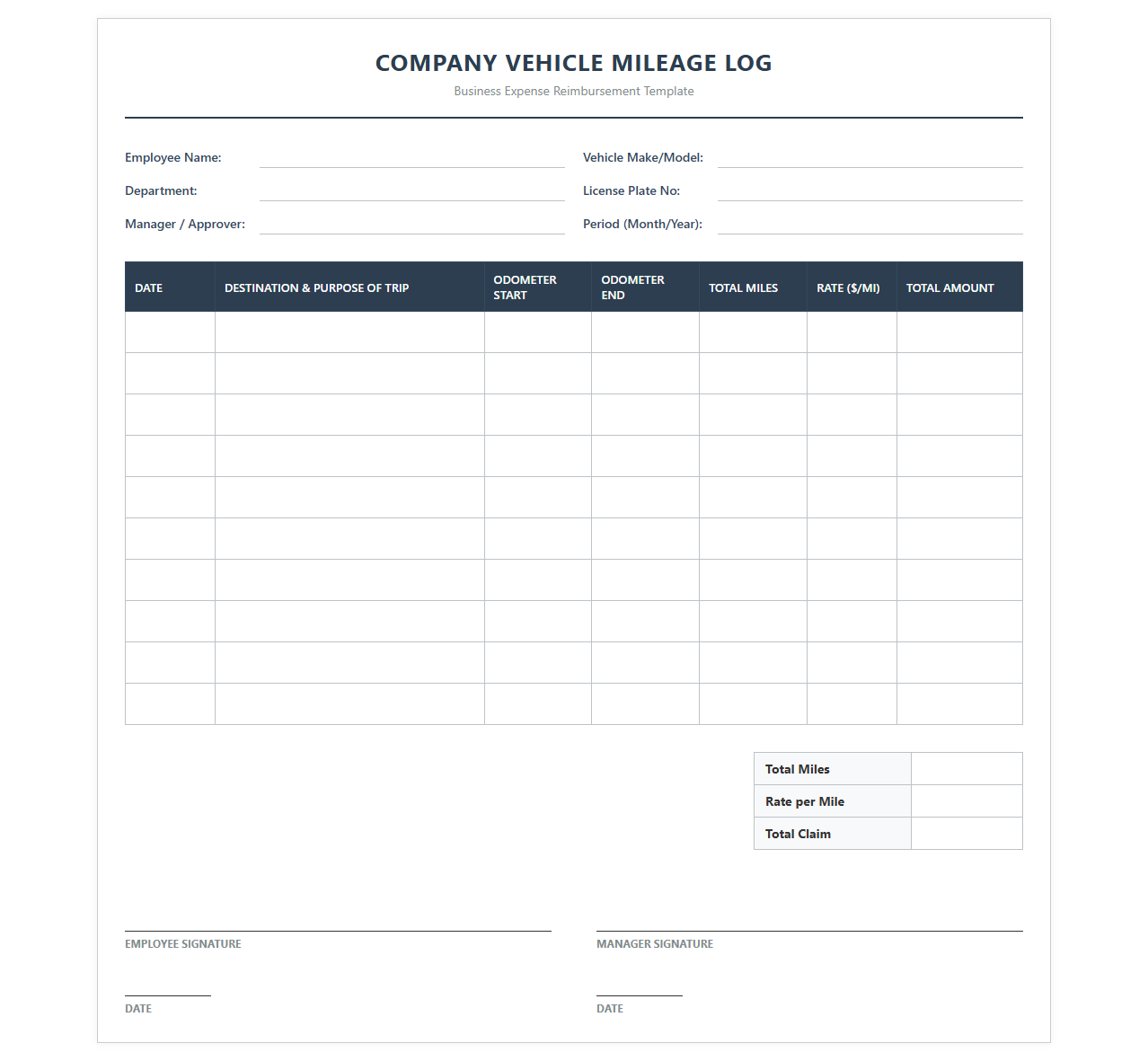 Company Vehicle Mileage Log Template