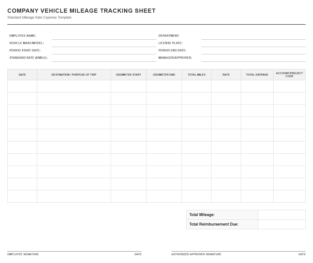 Company Vehicle Mileage Tracking Sheet
