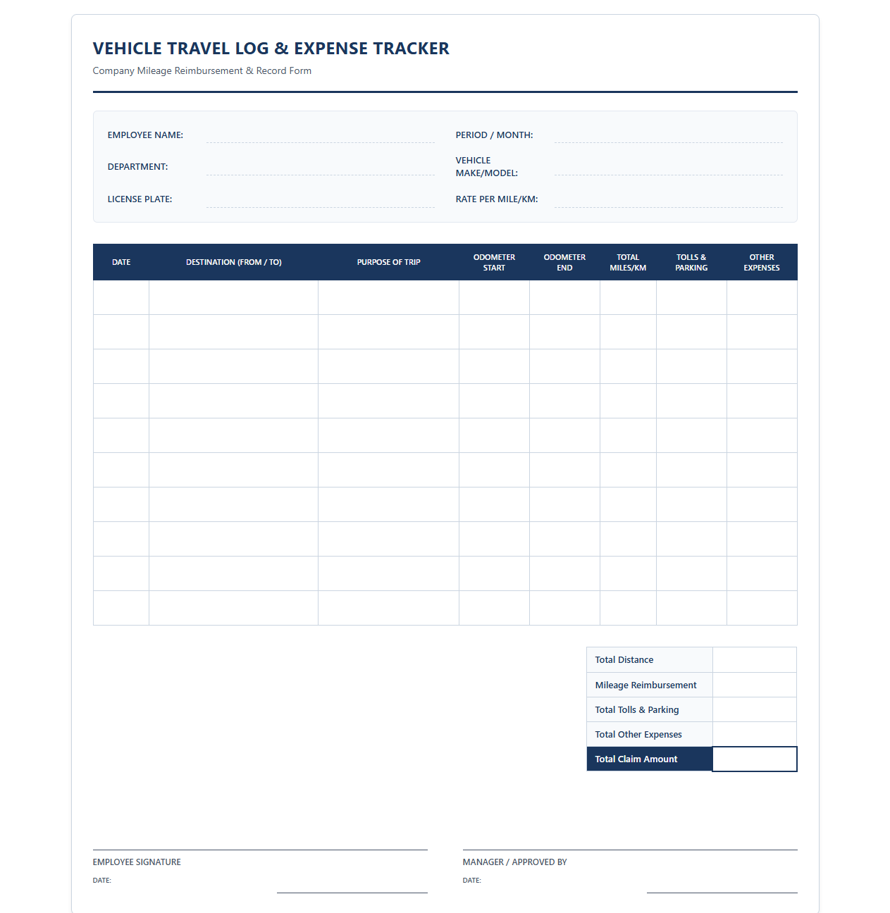 Company Vehicle Travel Log and Expense Tracker