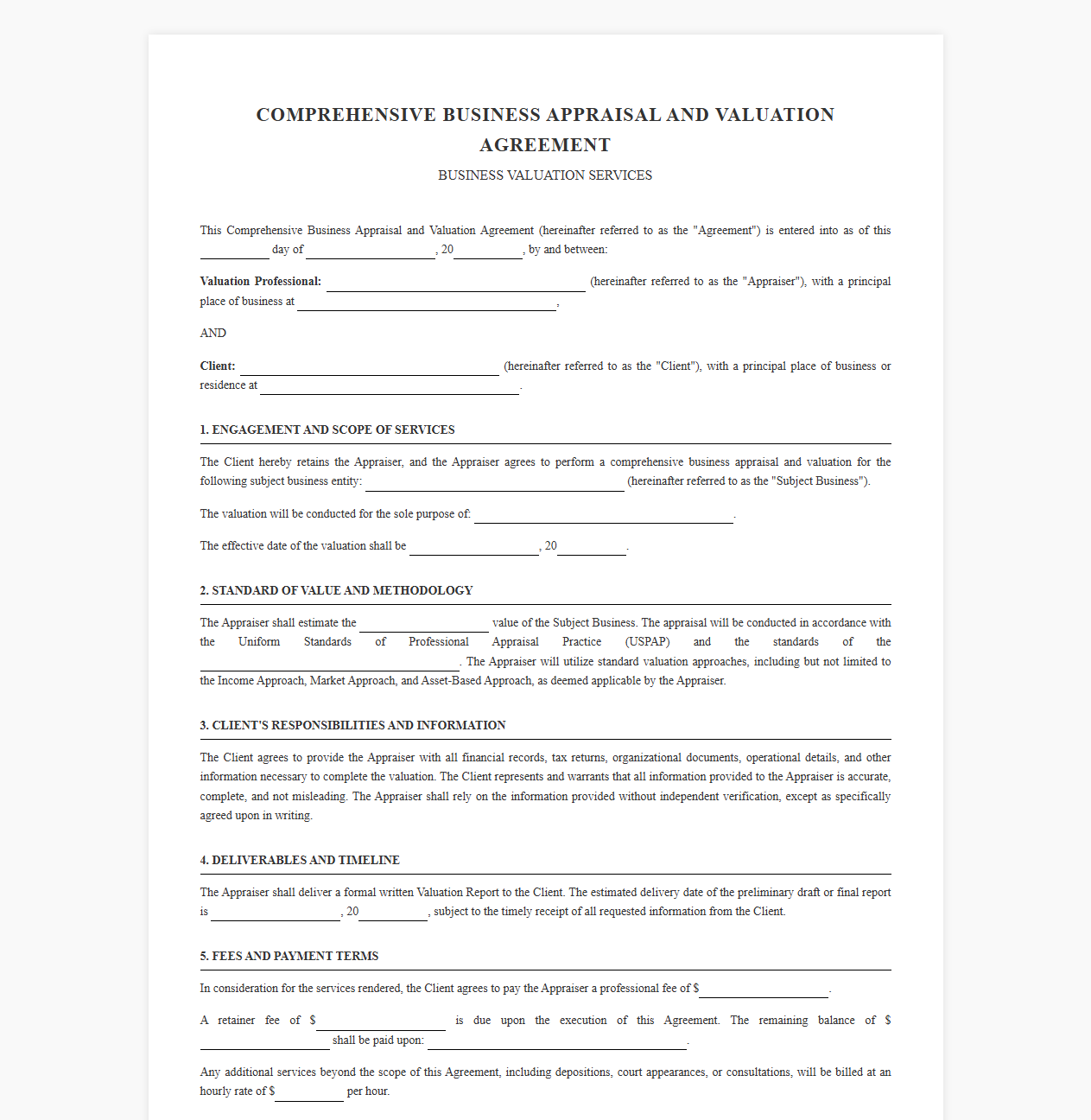 Comprehensive Business Appraisal and Valuation Agreement