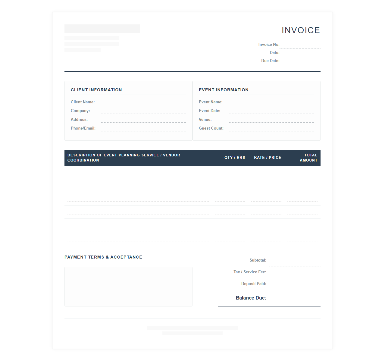 Comprehensive Event Planning Services Invoice