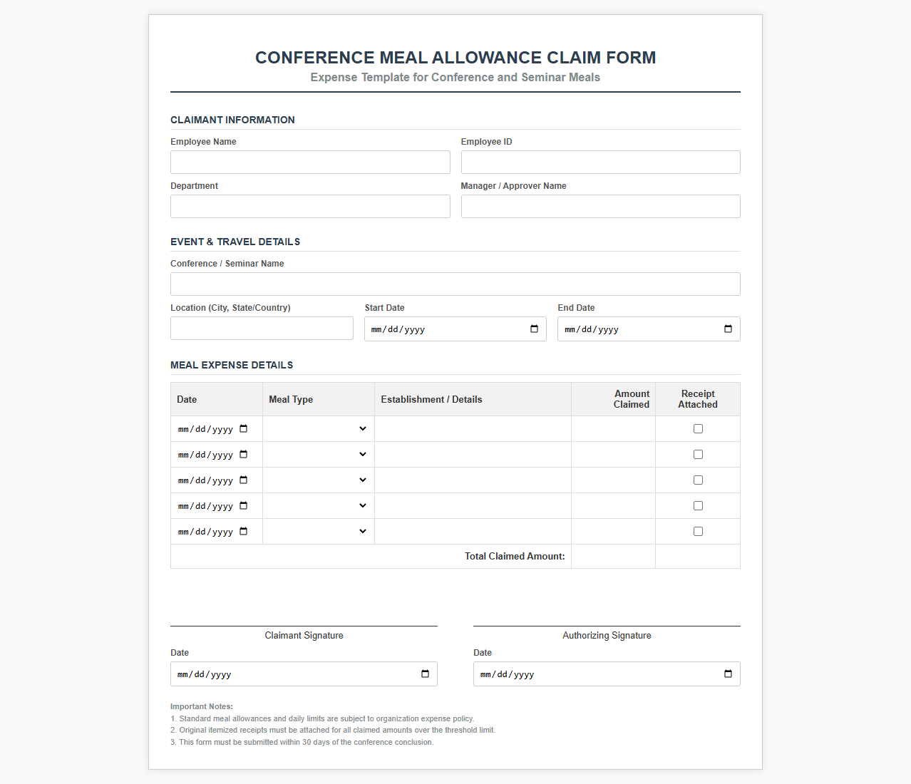Conference Meal Allowance Claim Form