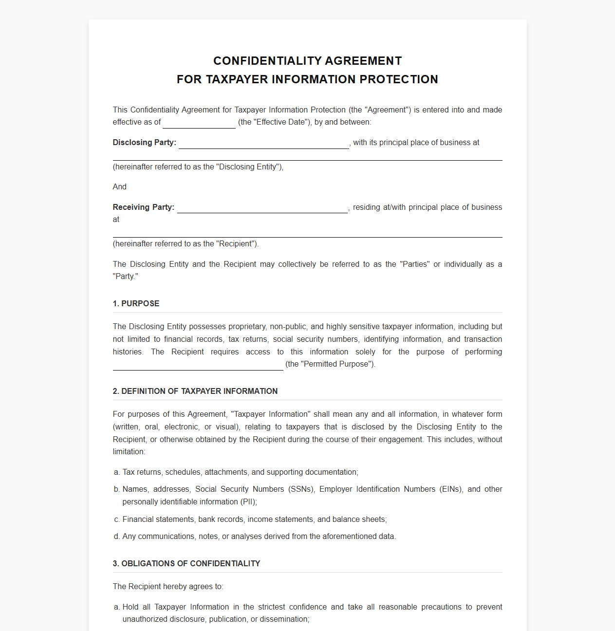 Confidentiality Agreement for Taxpayer Information Protection