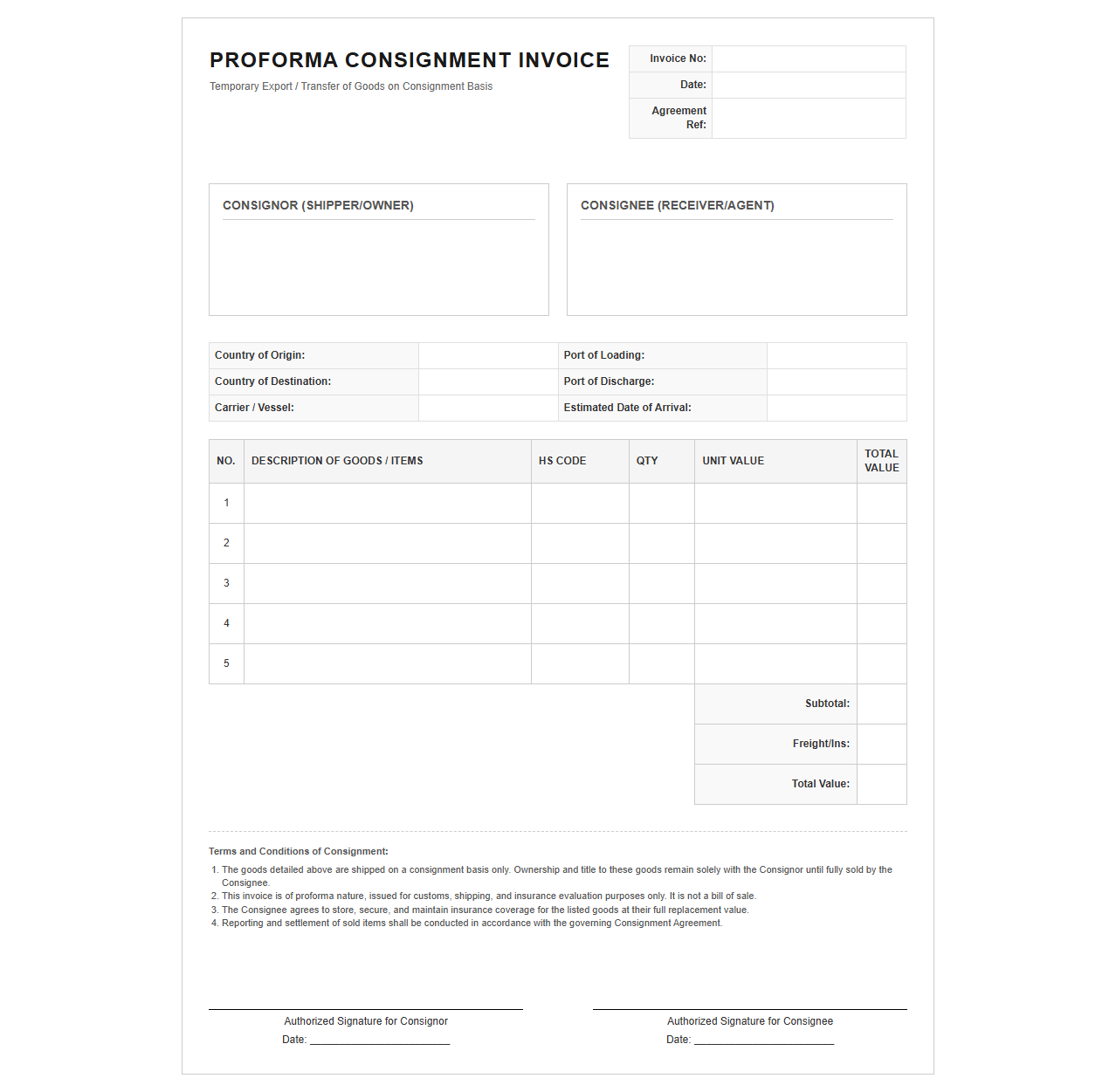 Consignment Proforma Invoice Document Template
