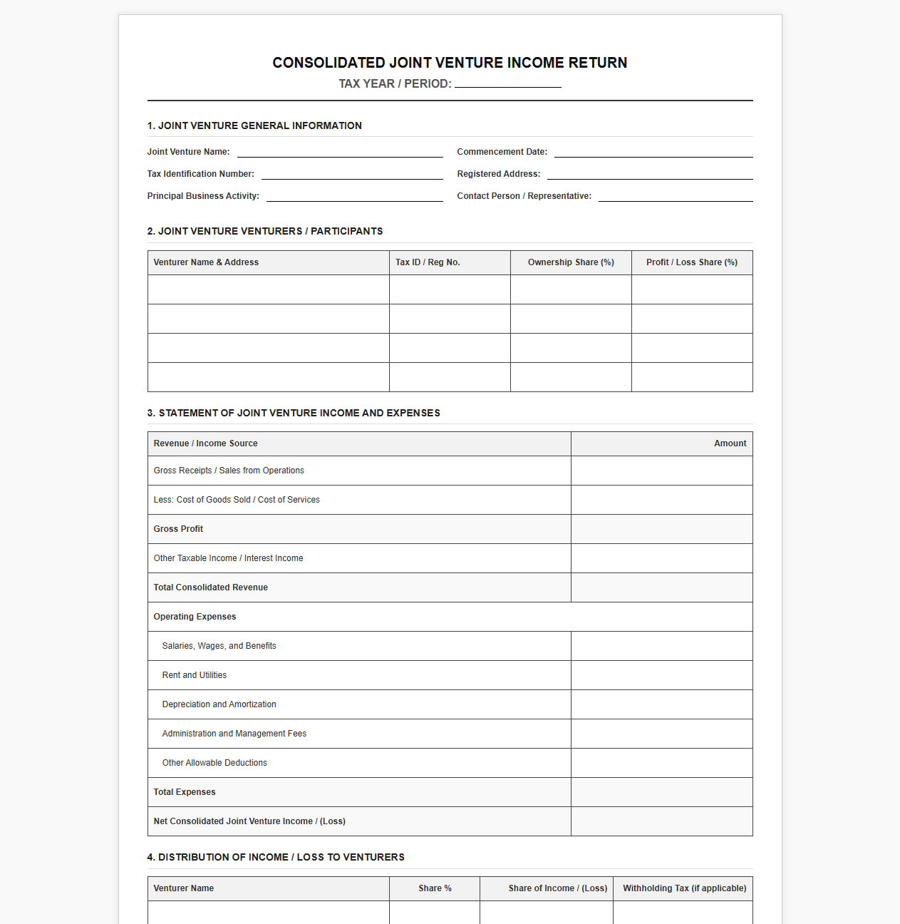 Consolidated Joint Venture Income Return Template