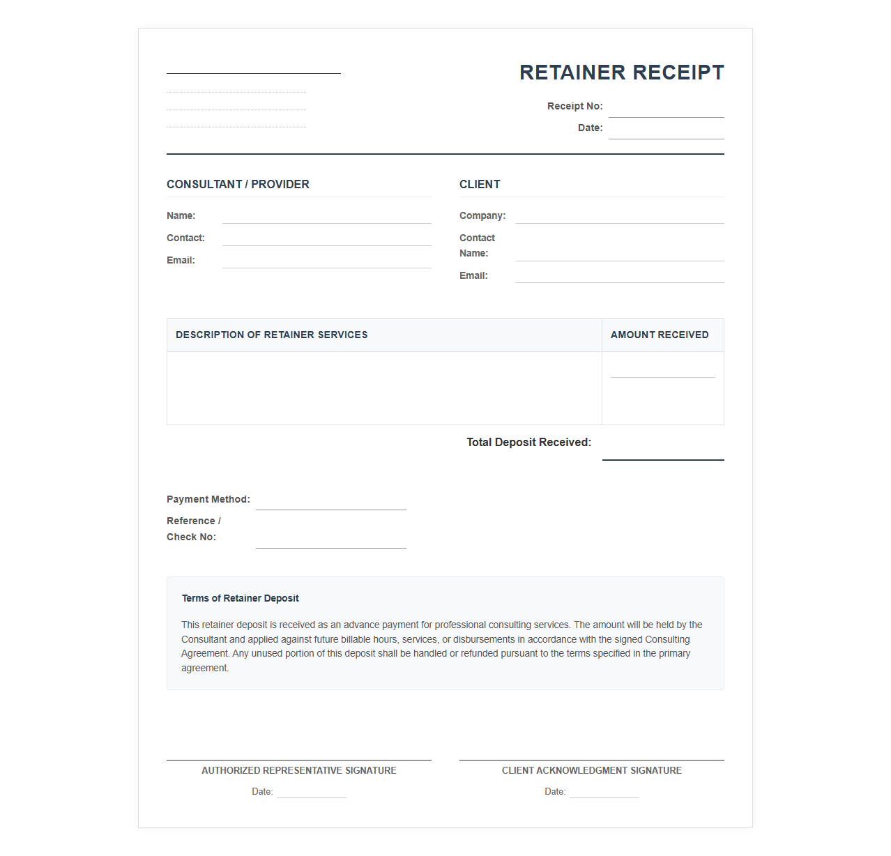 Consulting Retainer Deposit Receipt Template