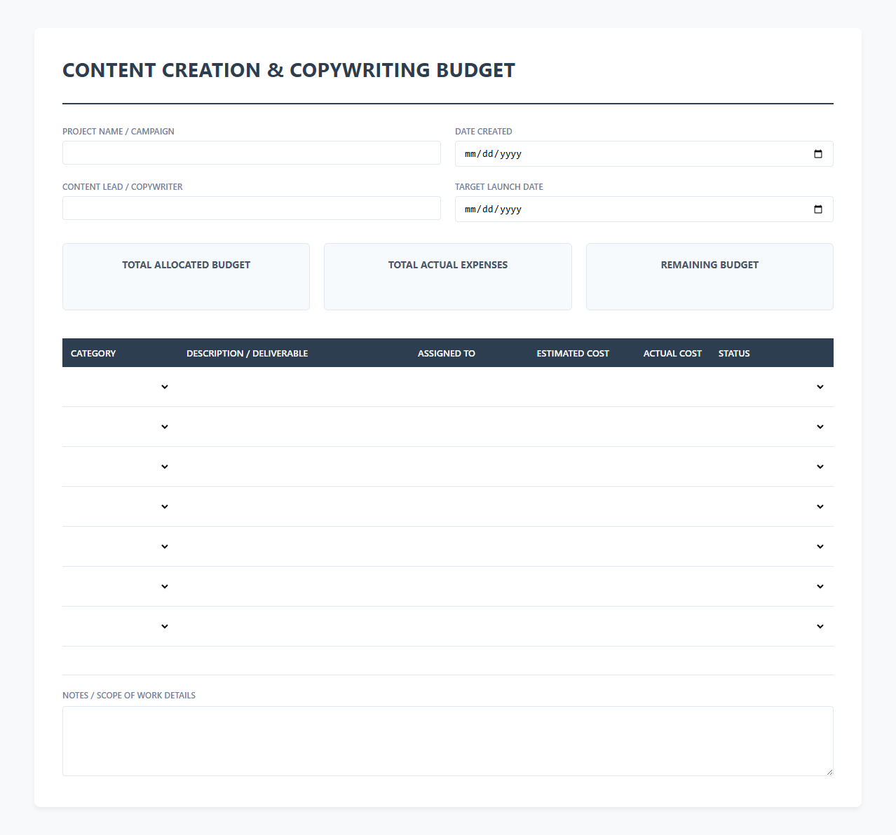 Content Creation Budget and Expense Calculator