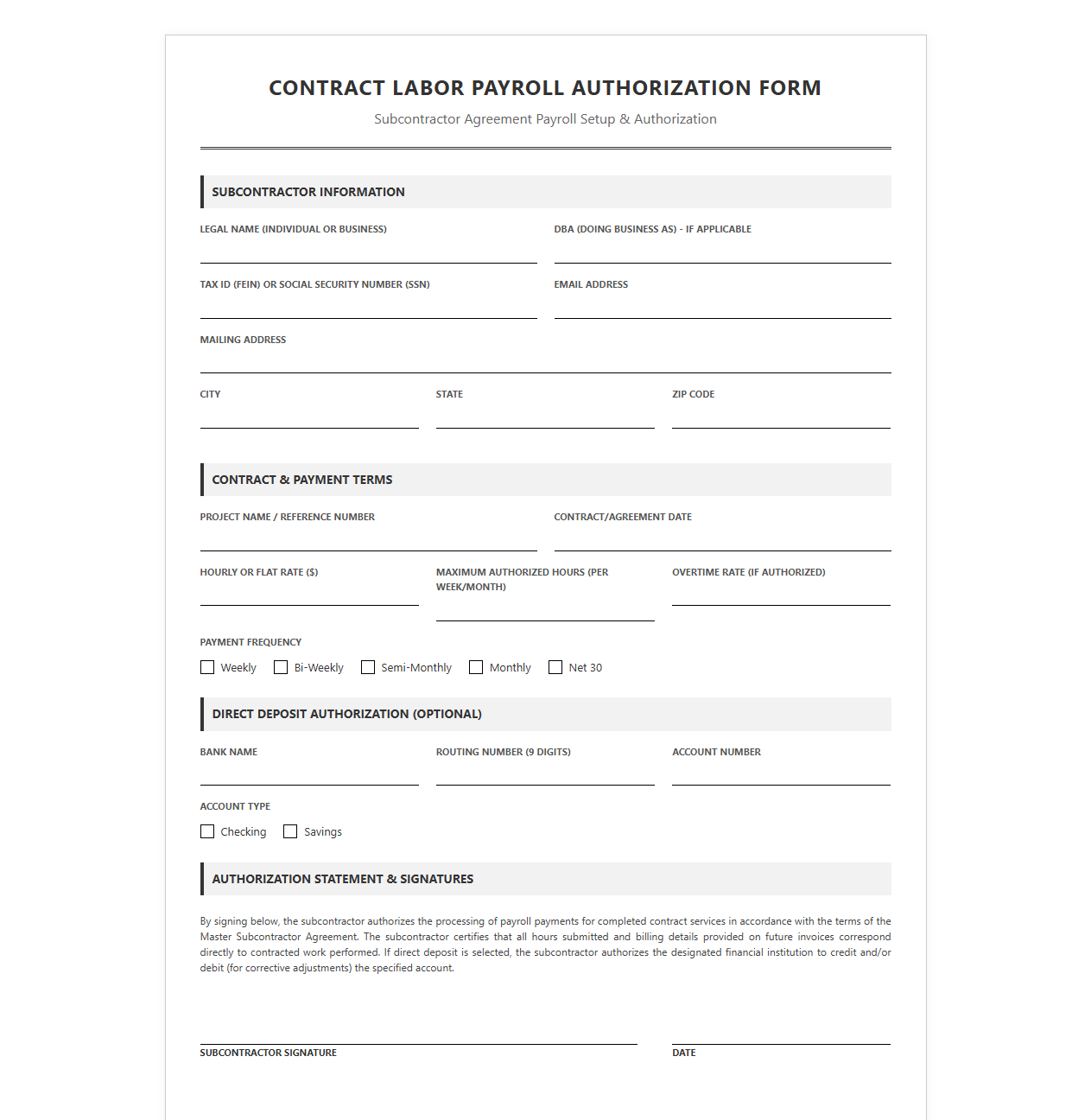 Contract Labor Payroll Authorization Form