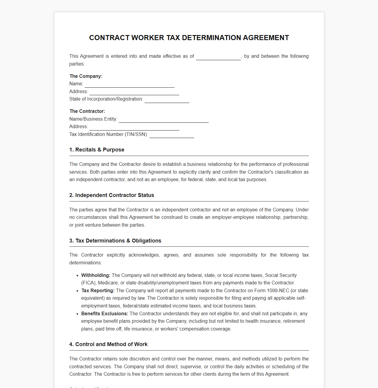 Contract Worker Tax Determination Agreement Template