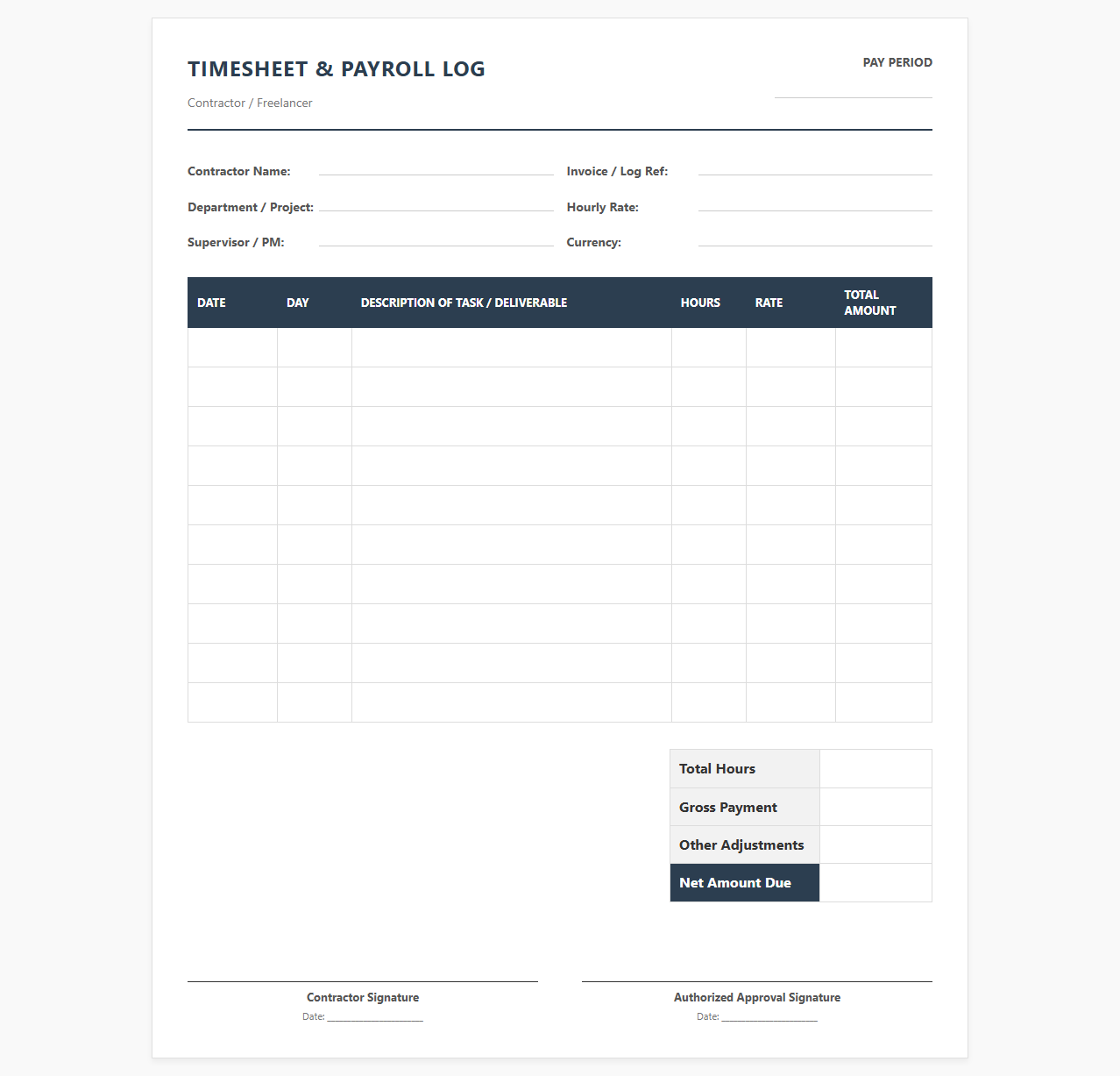 Contract Worker Timesheet Payroll Log