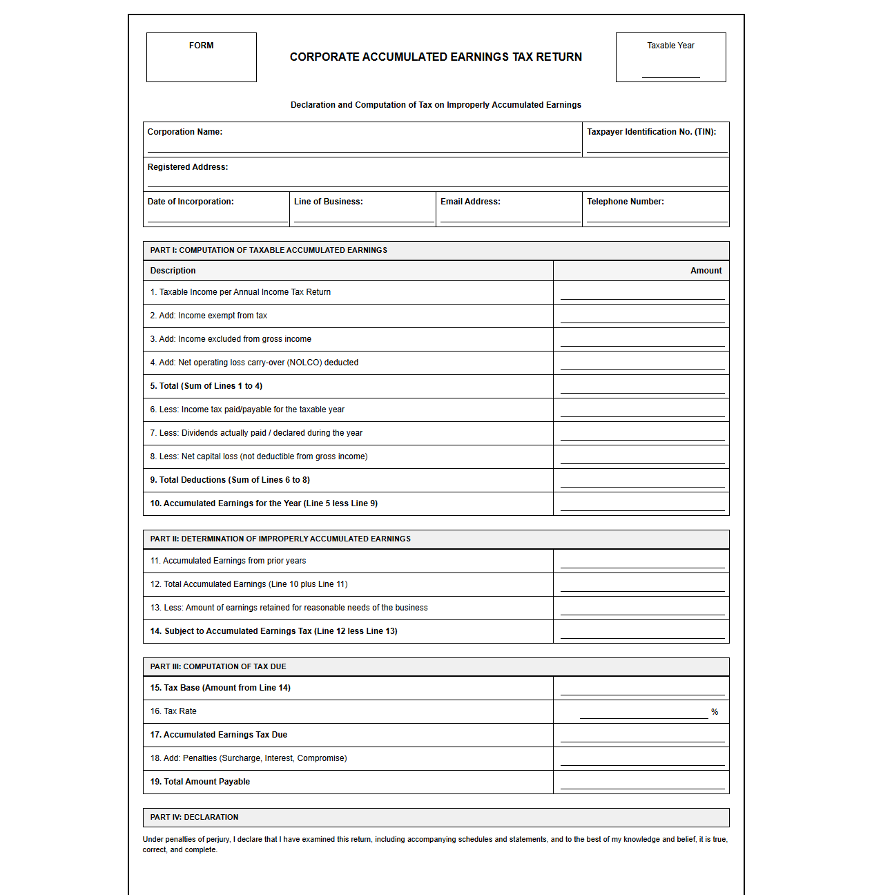 Corporate Accumulated Earnings Tax Declaration Template