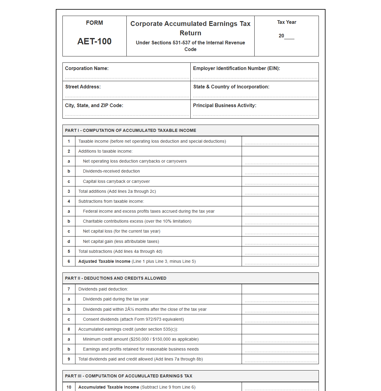 Corporate Accumulated Earnings Tax Filing Form
