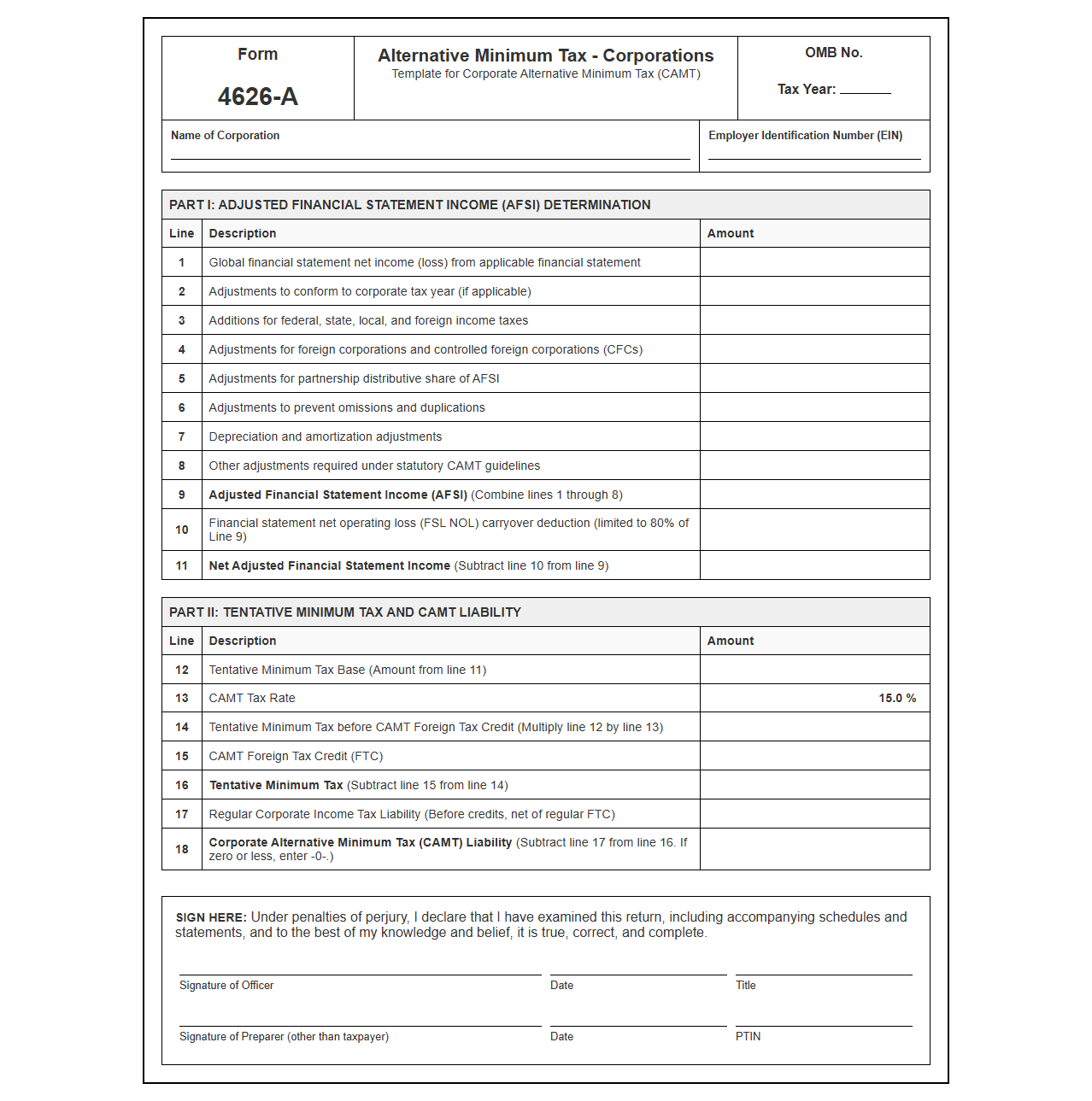 Corporate Alternative Minimum Tax Filing Form Template