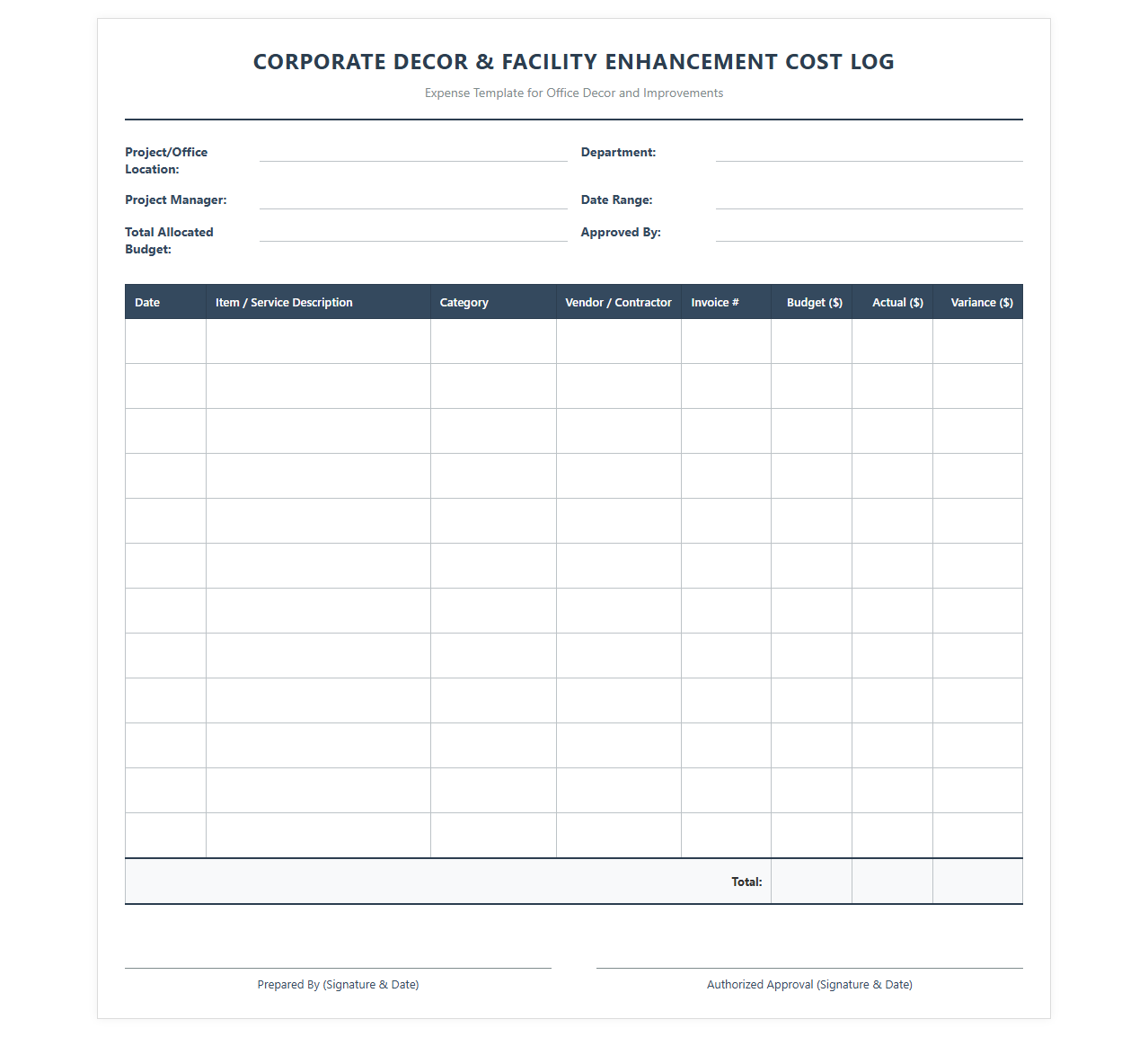 Corporate Decor and Facility Enhancement Cost Log