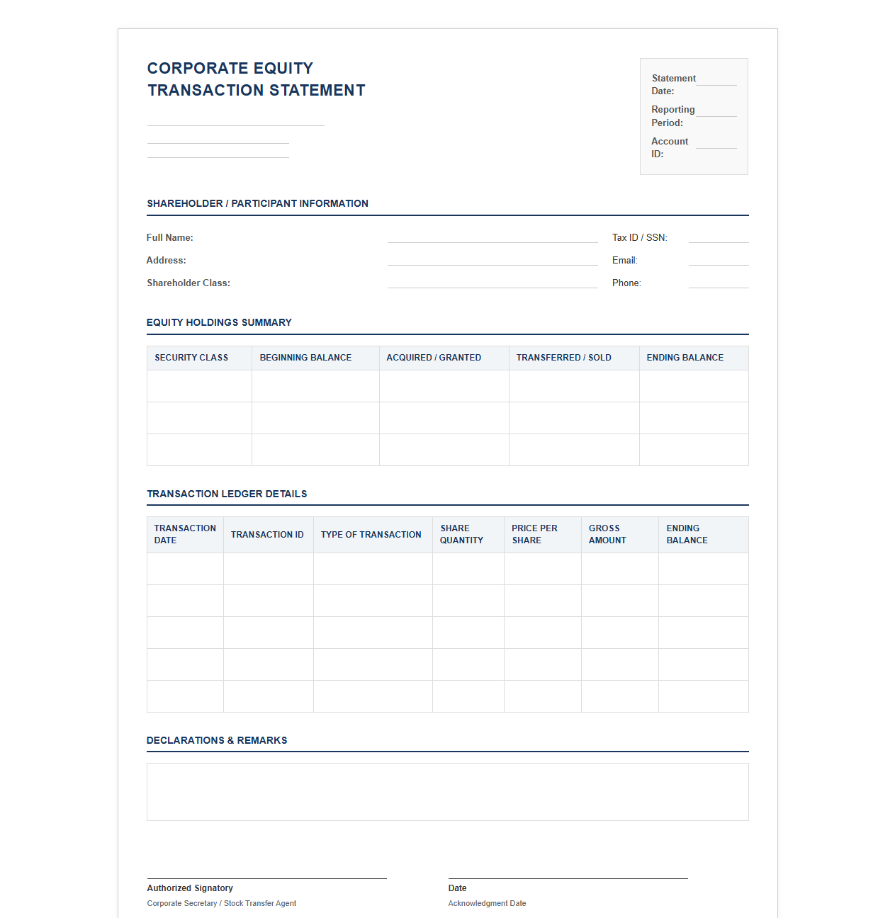 Corporate Equity Transaction Statement Document