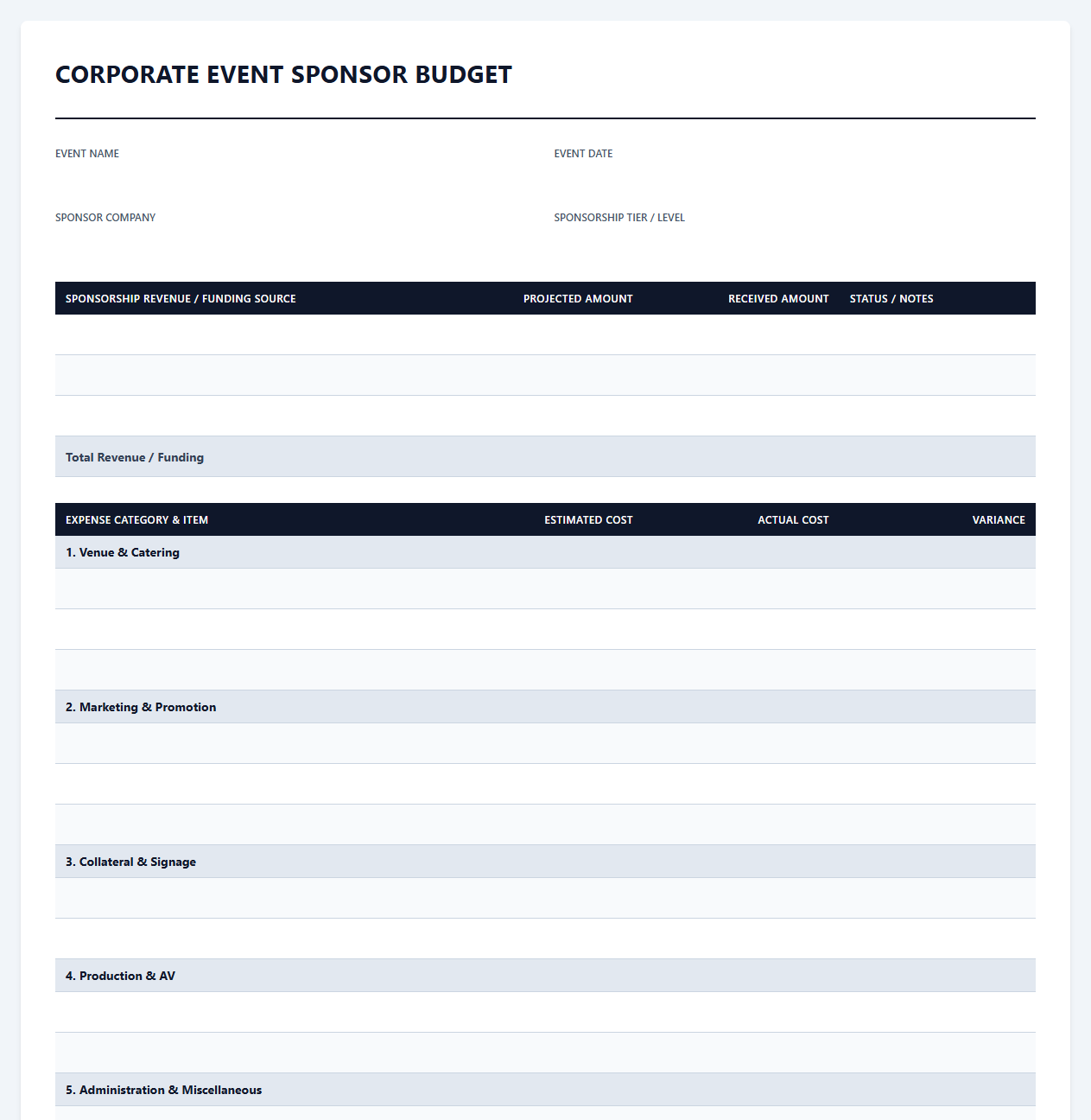 Corporate Event Sponsor Budget Template