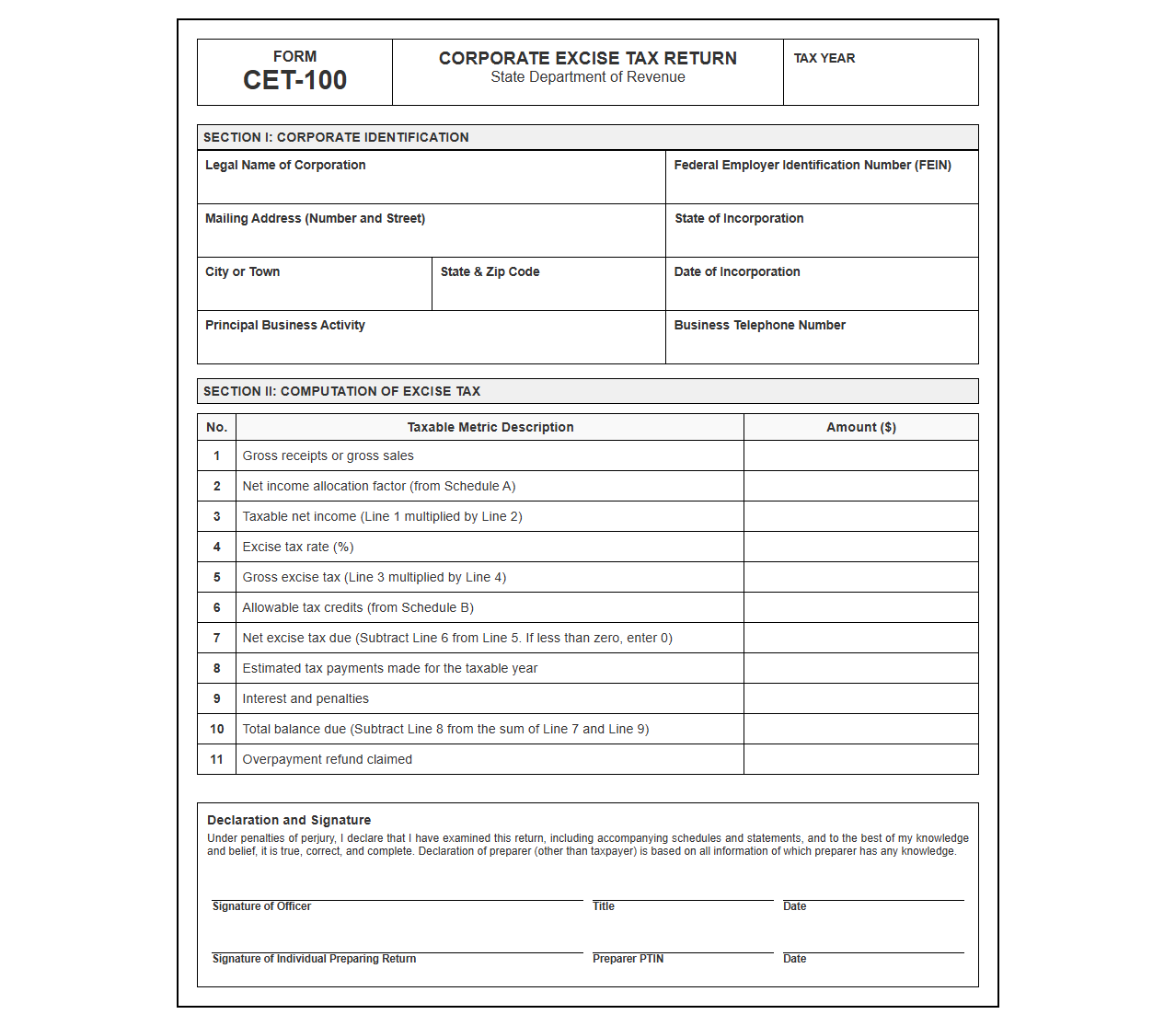 Corporate Excise Tax Filing Template