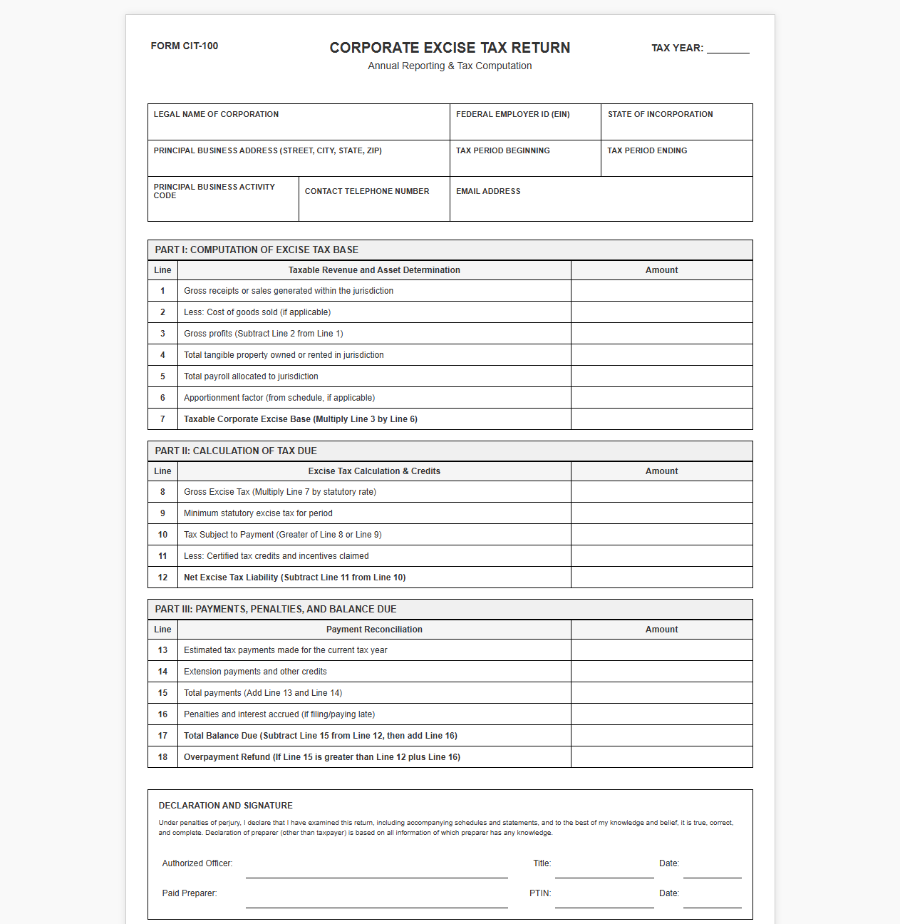 Corporate Excise Tax Reporting Template