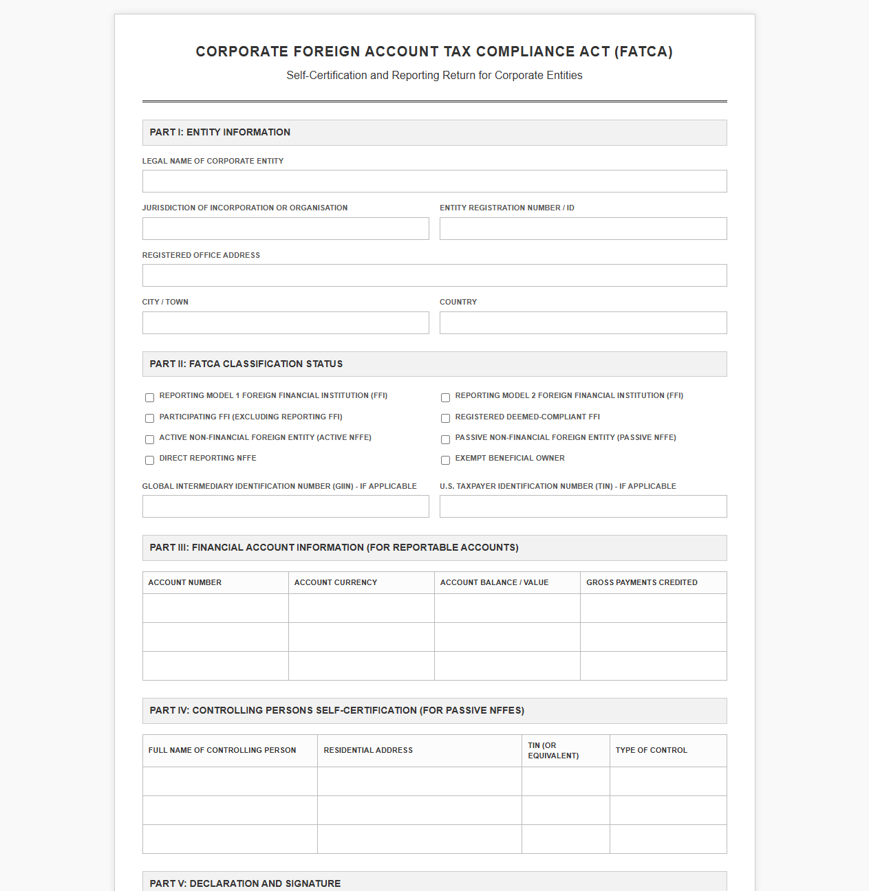 Corporate FATCA Reporting Return Template