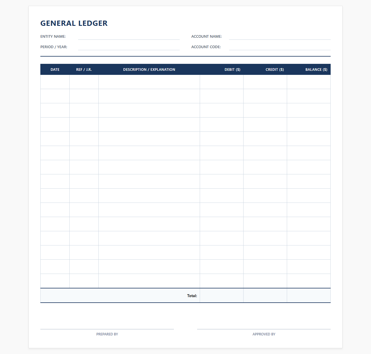 Corporate General Ledger Record Template