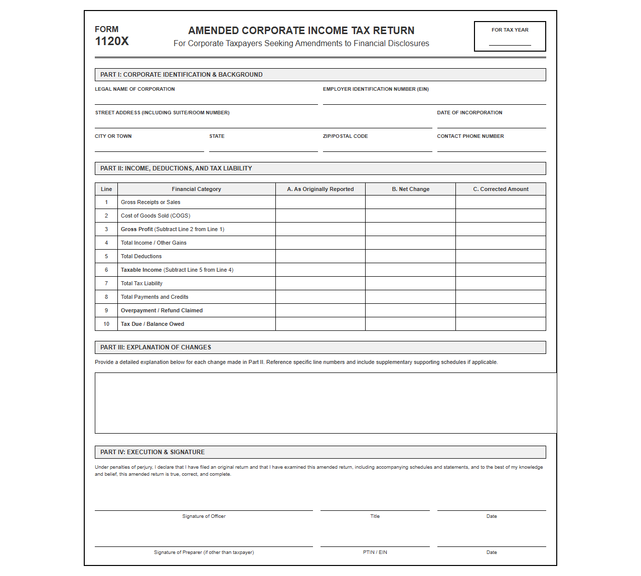 Corporate Income Tax Amendment Return Form