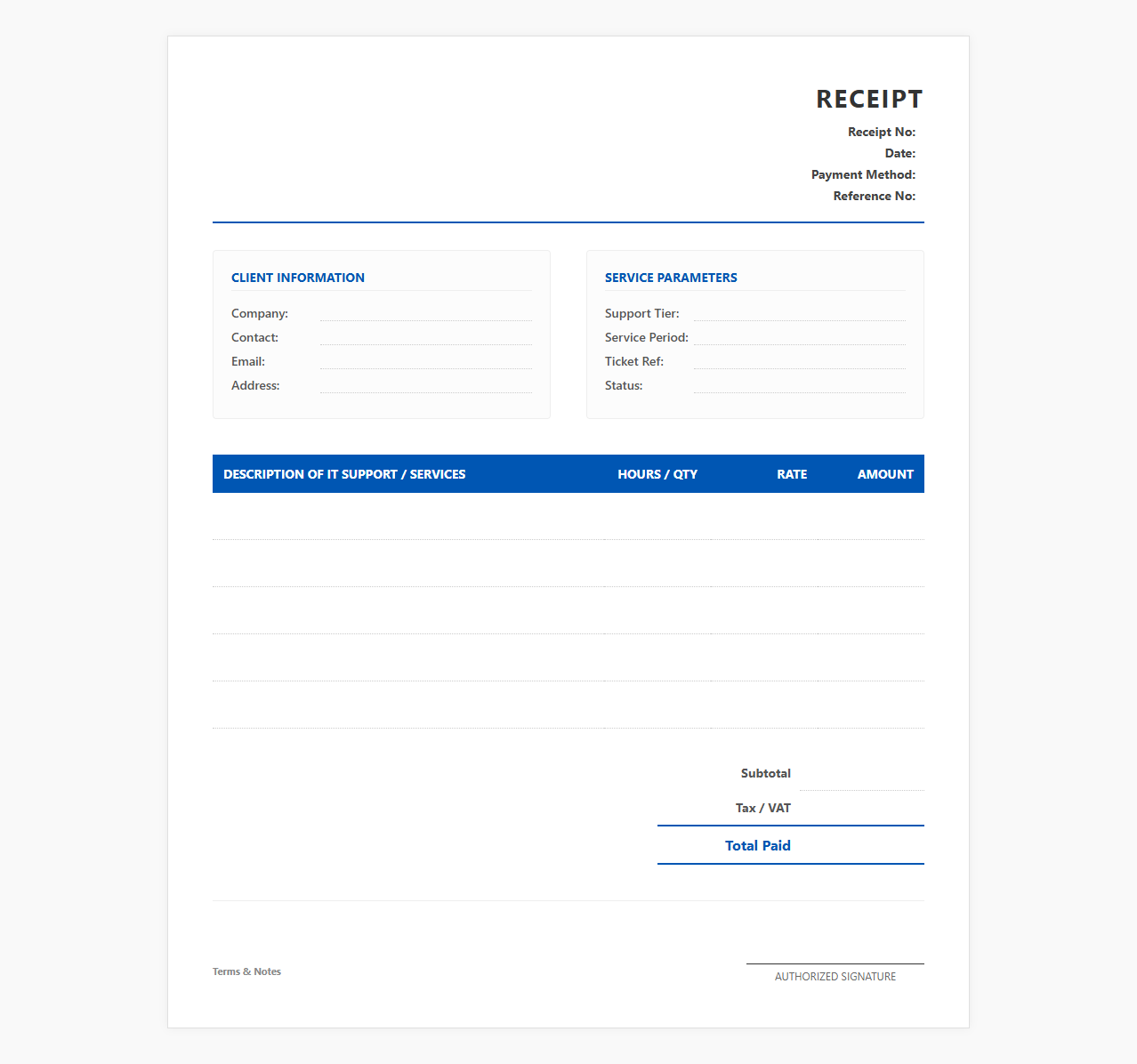 Corporate IT Support Service Receipt