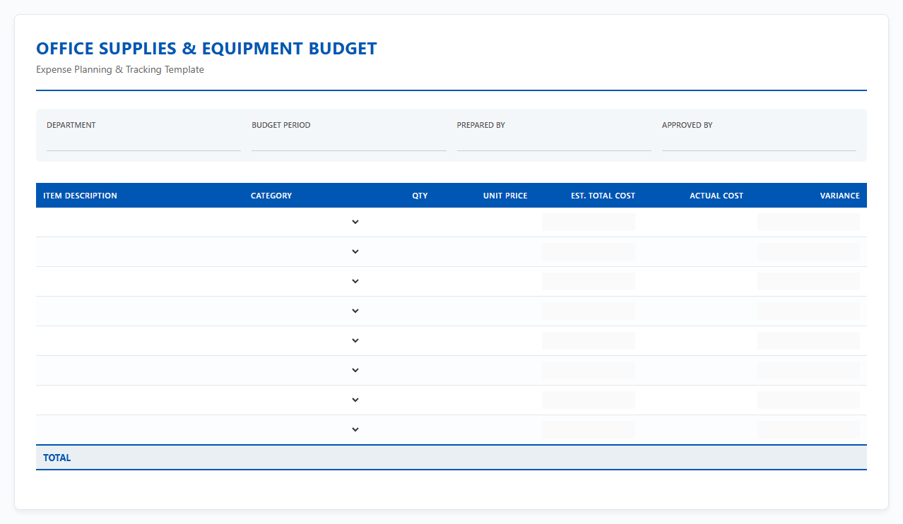 Corporate Office Supplies and Equipment Budget Spreadsheet