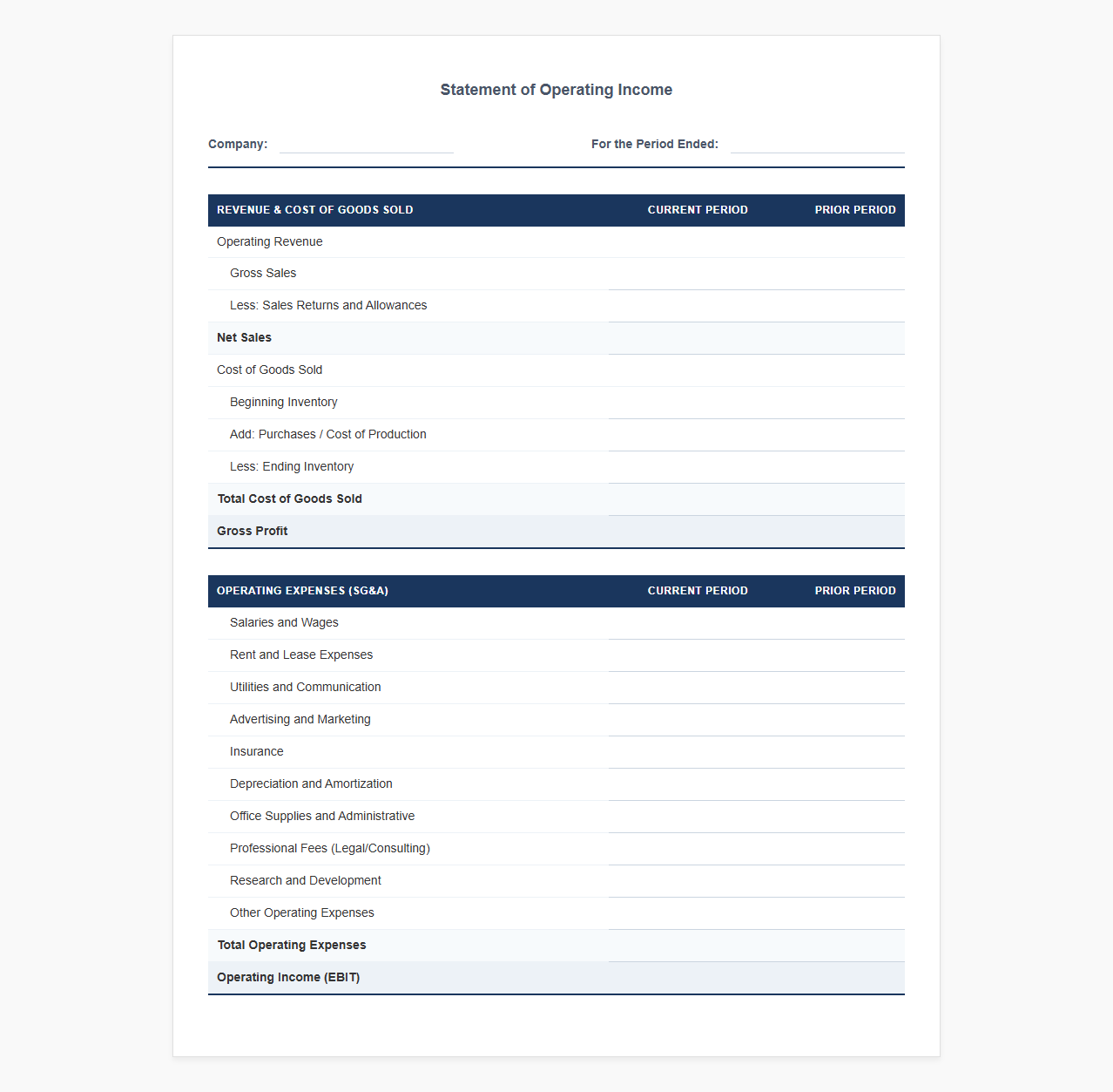 Corporate Operating Income and Expense Template