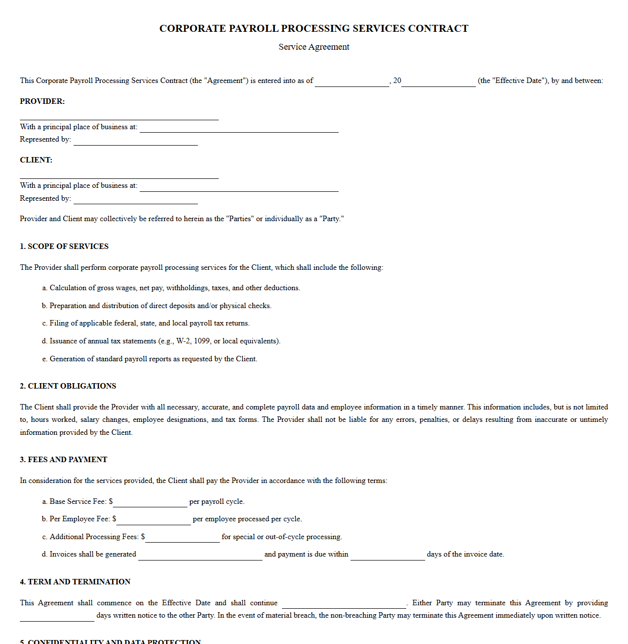 Corporate Payroll Processing Services Contract