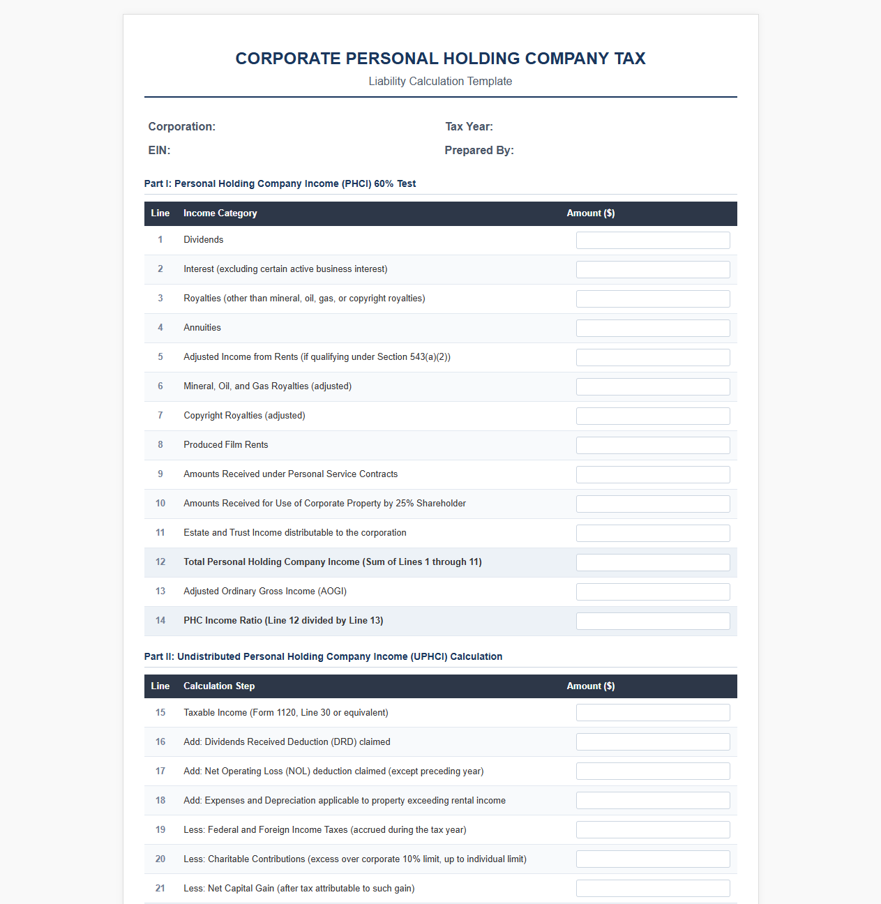 Corporate PHC Tax Liability Calculation Template