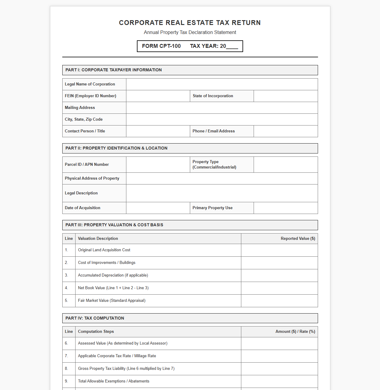 Corporate Real Estate Tax Return Sheet