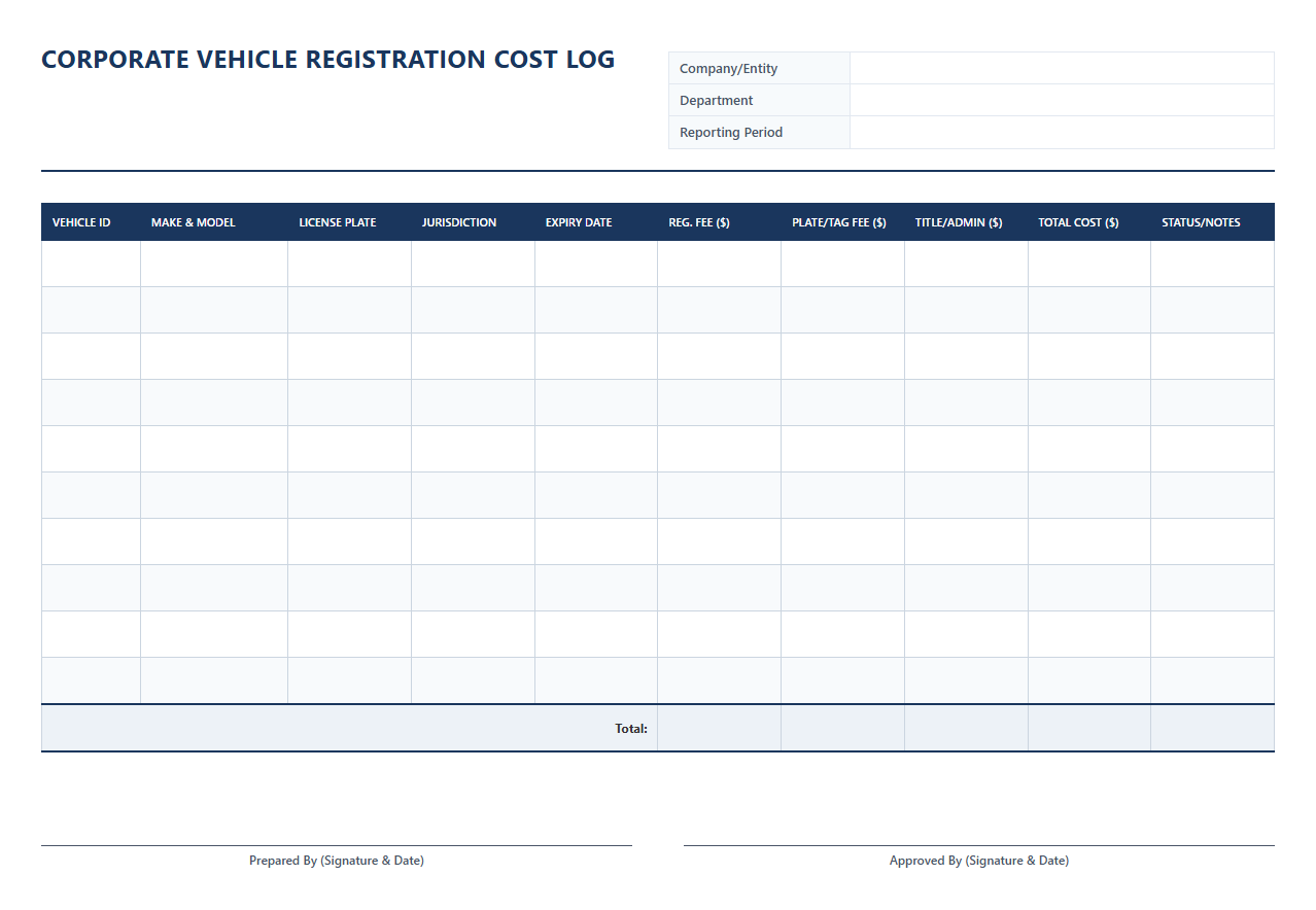 Corporate Vehicle Registration Cost Log